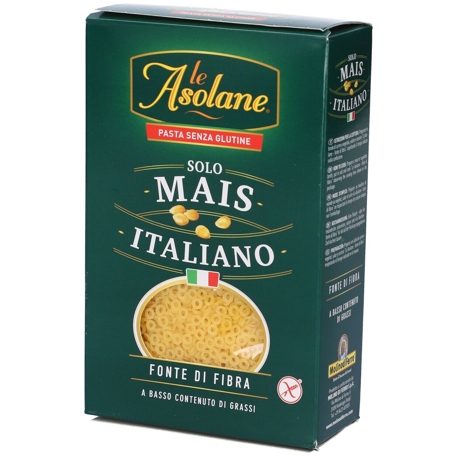 Scatola verde con pasta a forma di anelli. Testo: Le Asolane, Pasta senza glutine, solo mais italiano, fonte di fibra, a basso contenuto di grassi.