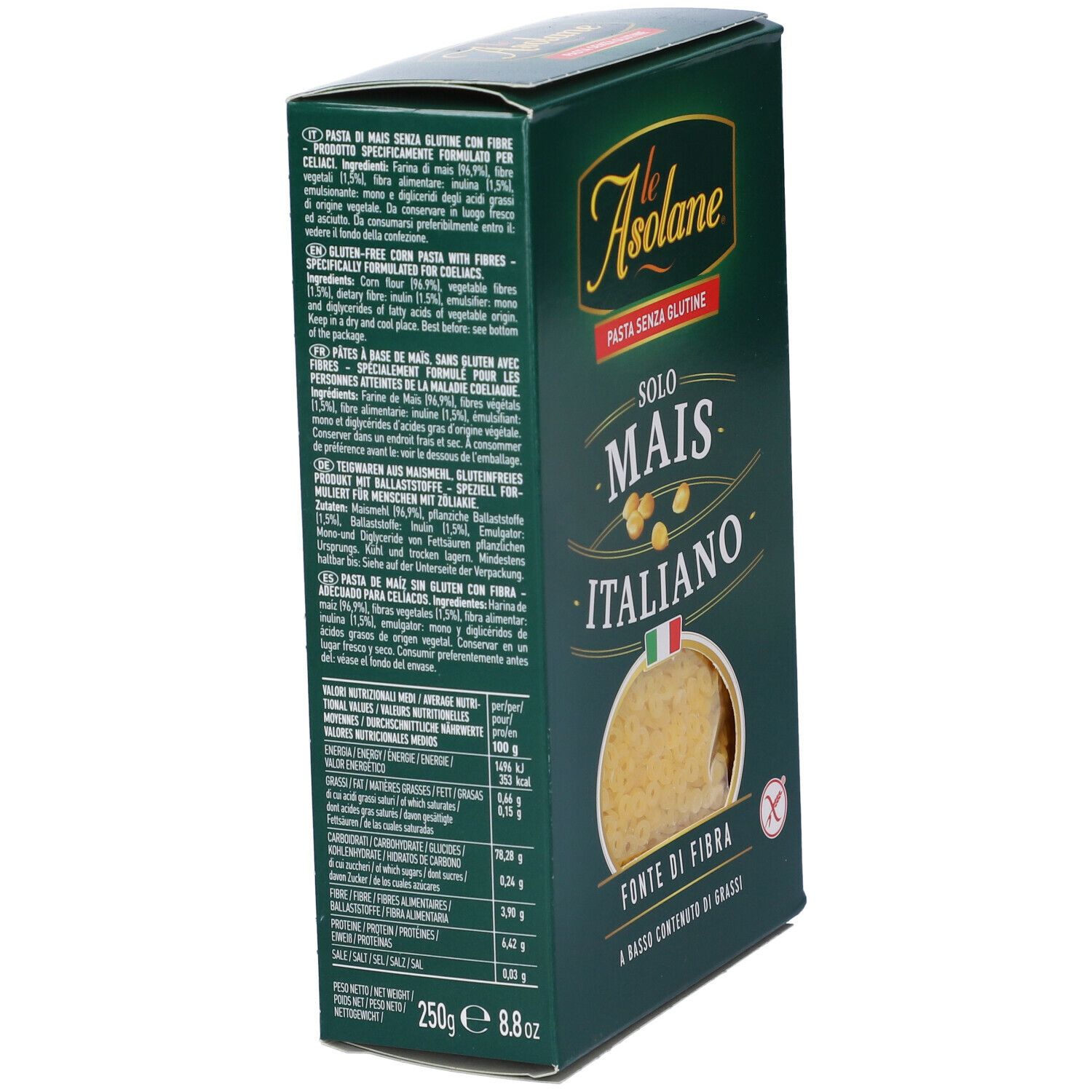 Scatola verde con testo. Testo: Le Asolane, Pasta senza glutine, solo mais italiano, fonte di fibra, a basso contenuto di grassi, 250g.