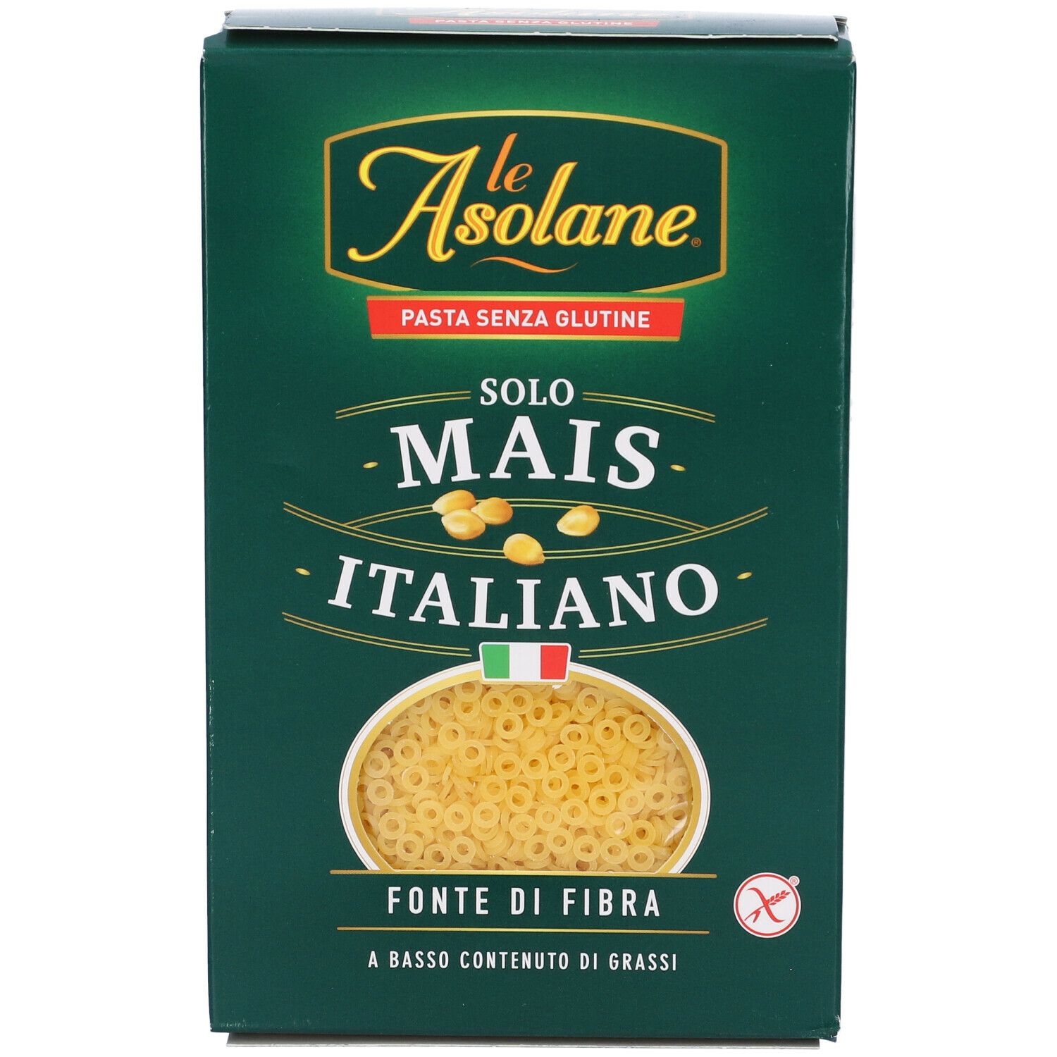 Scatola verde con pasta a forma di anelli. Testo: Le Asolane, Pasta senza glutine, solo mais italiano, fonte di fibra, a basso contenuto di grassi.