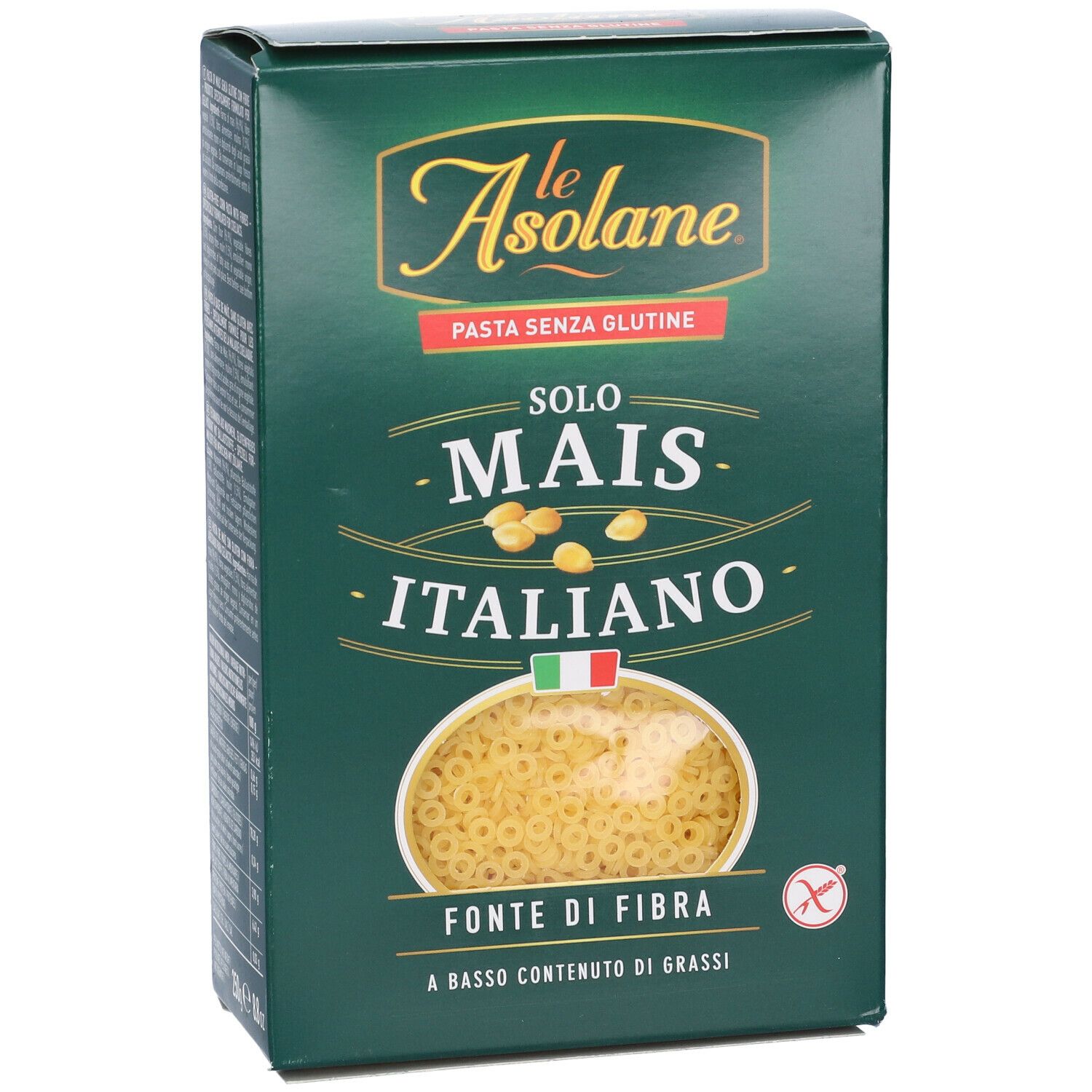 Scatola verde con pasta a forma di anelli. Testo: Le Asolane, Pasta senza glutine, solo mais italiano, fonte di fibra, a basso contenuto di grassi.