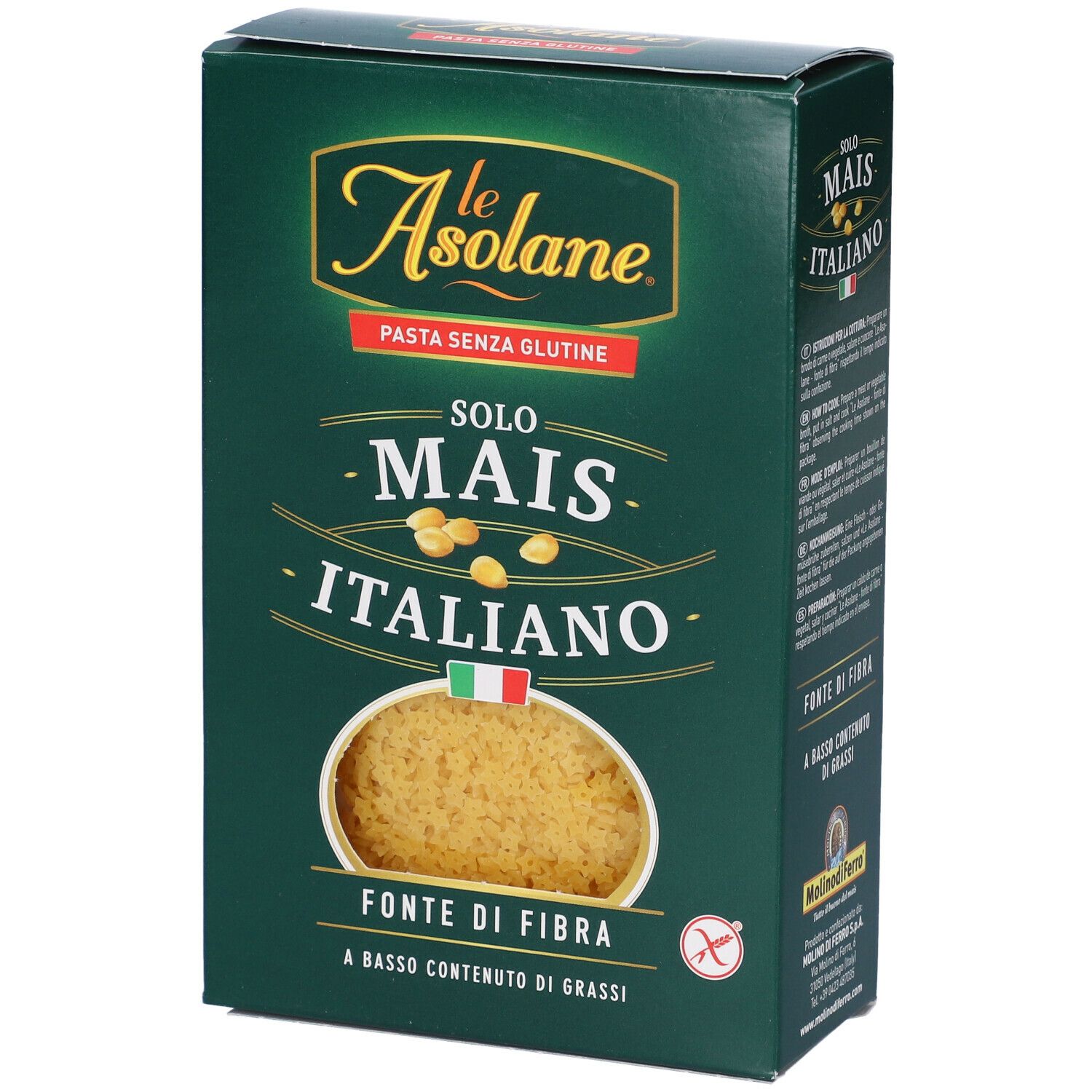 Scatola verde di pasta di mais senza glutine. Marca: Le Asolane. Mais italiano. Fonte di fibre. Senza glutine.
