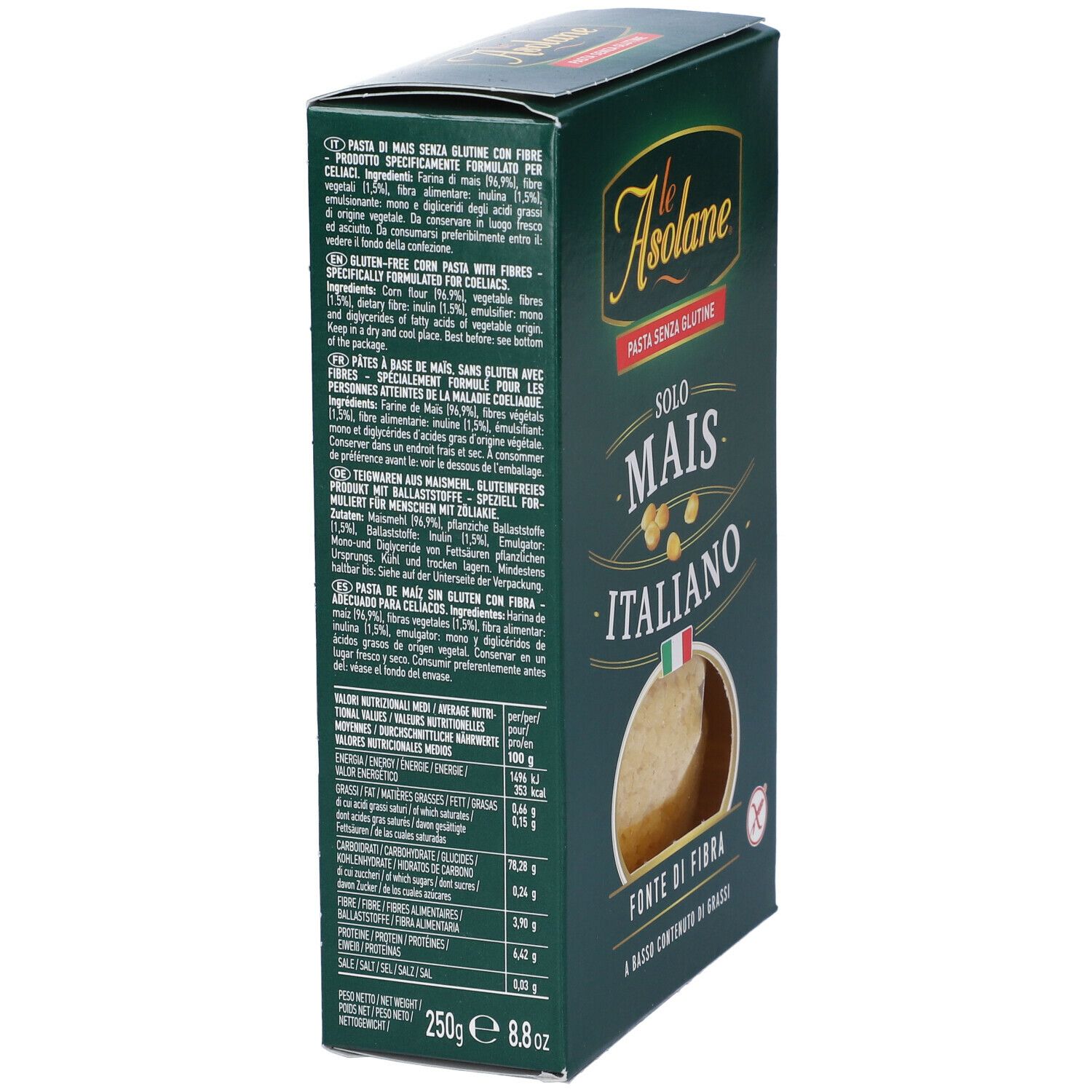 Scatola di pasta di mais senza glutine. Marca: Le Asolane. Mais italiano. Fonte di fibre. Senza glutine.