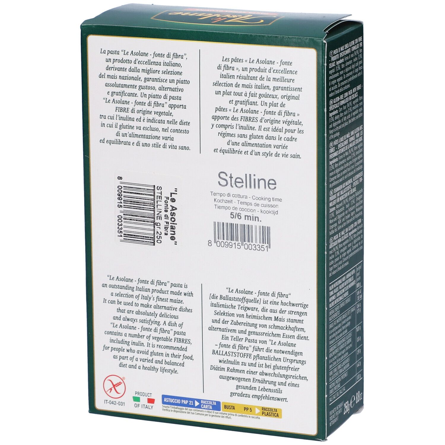 Scatola di pasta di mais senza glutine. Marca: Le Asolane. Mais italiano. Fonte di fibre. Senza glutine.
