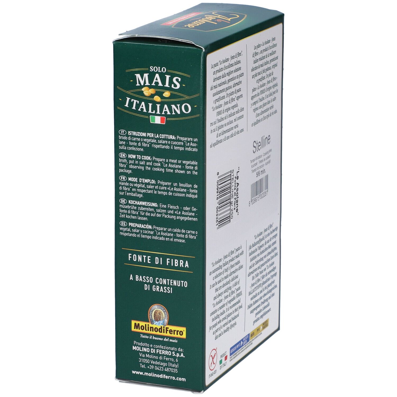 Retro della scatola di pasta di mais senza glutine. Marca: Le Asolane. Informazioni sugli ingredienti e nutrizionali.