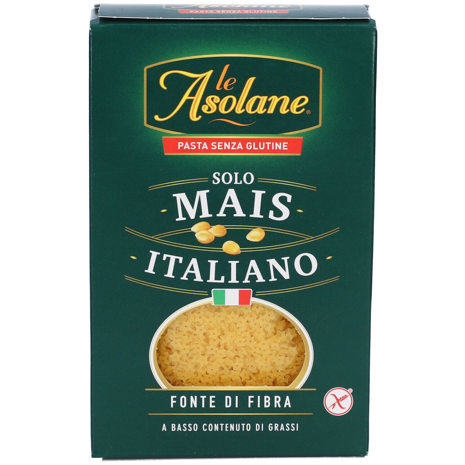 Retro della scatola di pasta di mais senza glutine. Marca: Le Asolane. Istruzioni per la preparazione e informazioni nutrizionali.