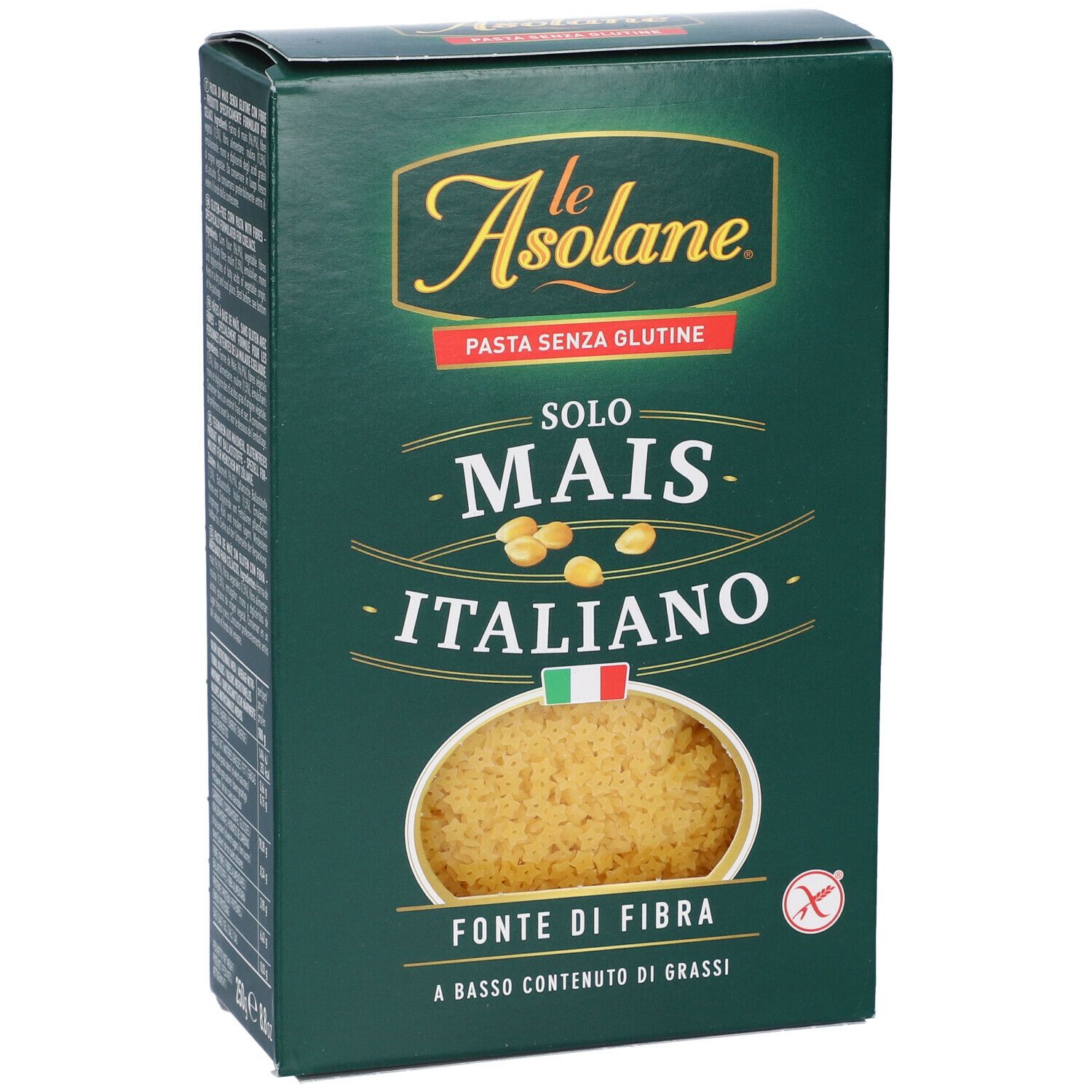 Scatola verde di pasta di mais senza glutine. Marca: Le Asolane. Mais italiano. Fonte di fibre. Senza glutine.