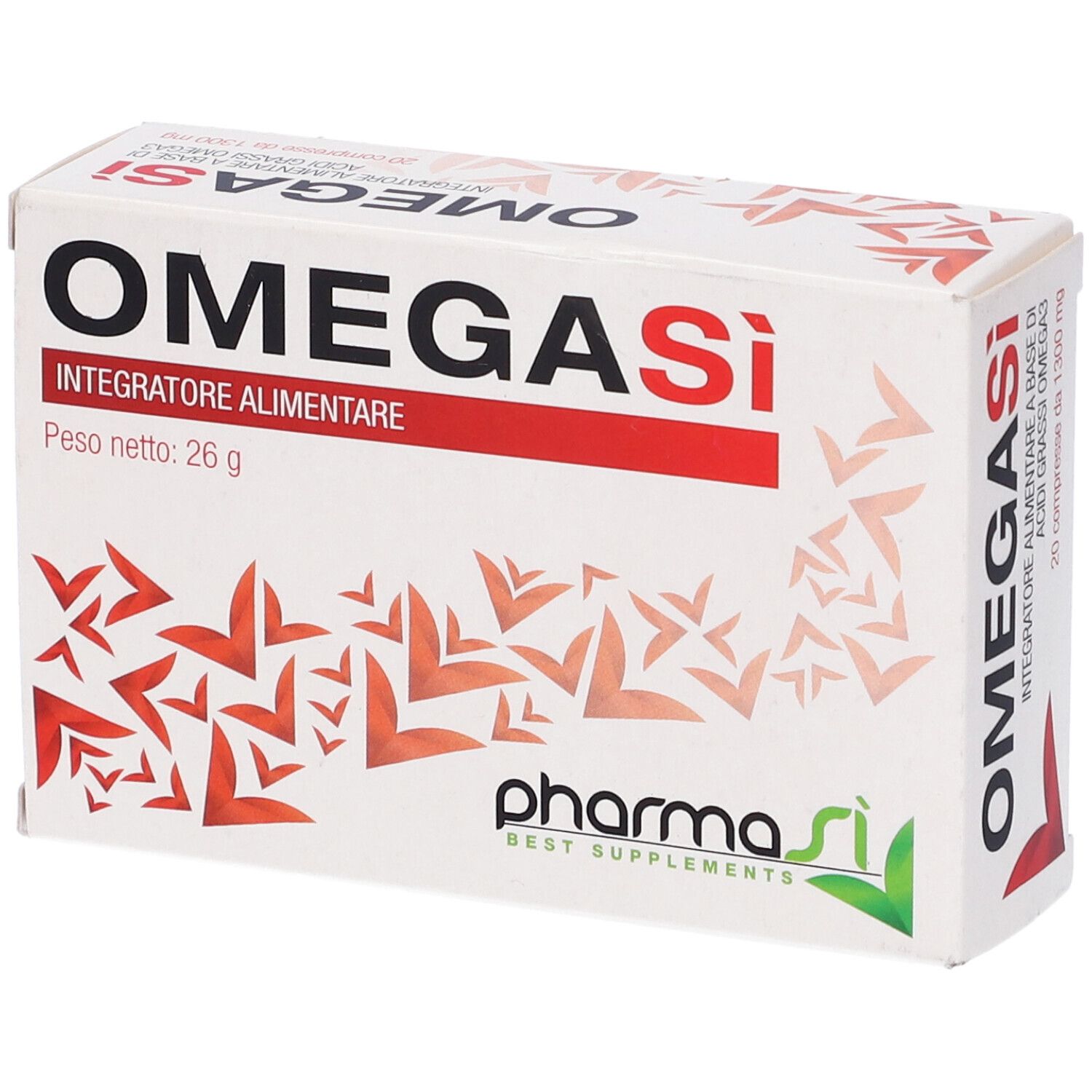 Scatola bianca con fascia rossa e scritta OMEGASi. Scritta: Integratore Alimentare. Logo: Pharma Si.