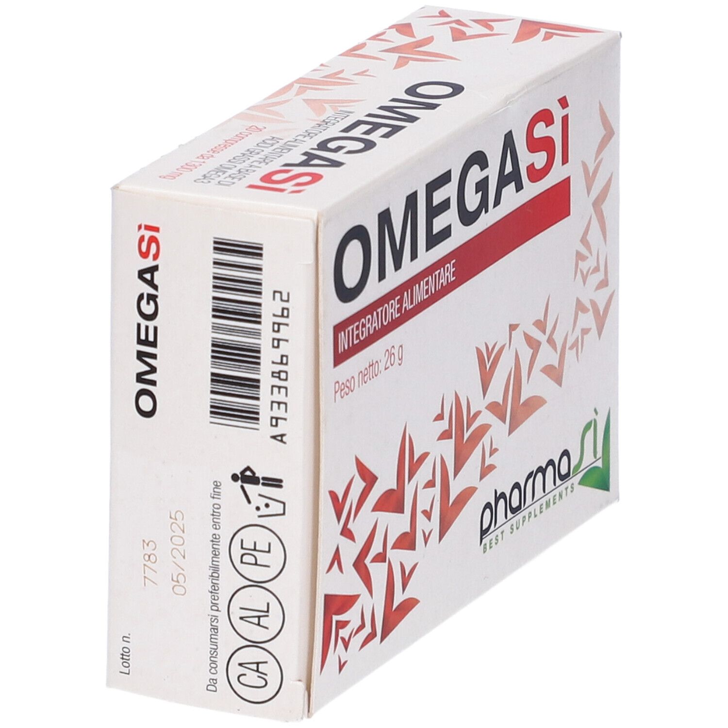 Scatola bianca con fascia rossa e scritta OMEGASi. Scritta: Integratore Alimentare. Codice a barre e loghi.