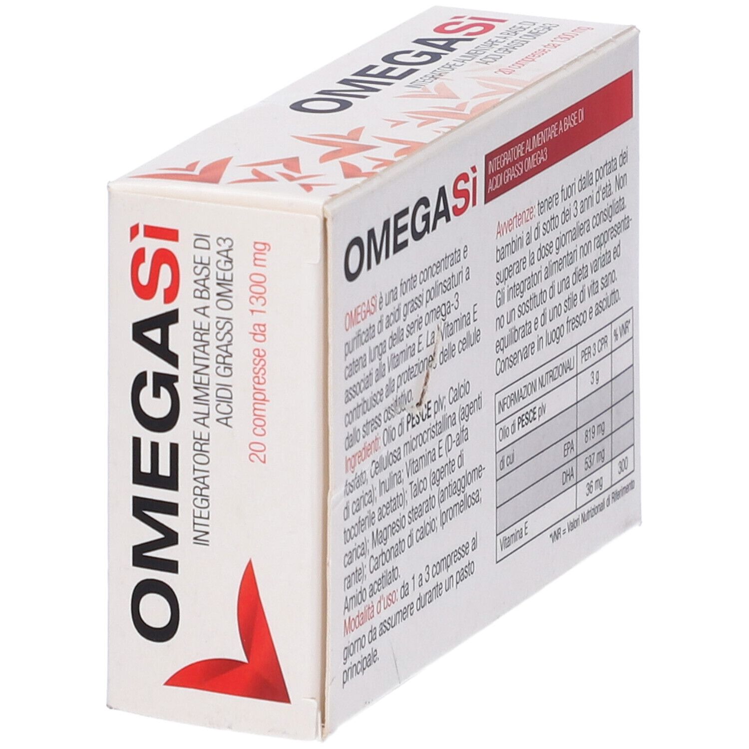 Scatola bianca con fascia rossa e scritta OMEGASi. Scritta: Integratore Alimentare. 20 compresse.