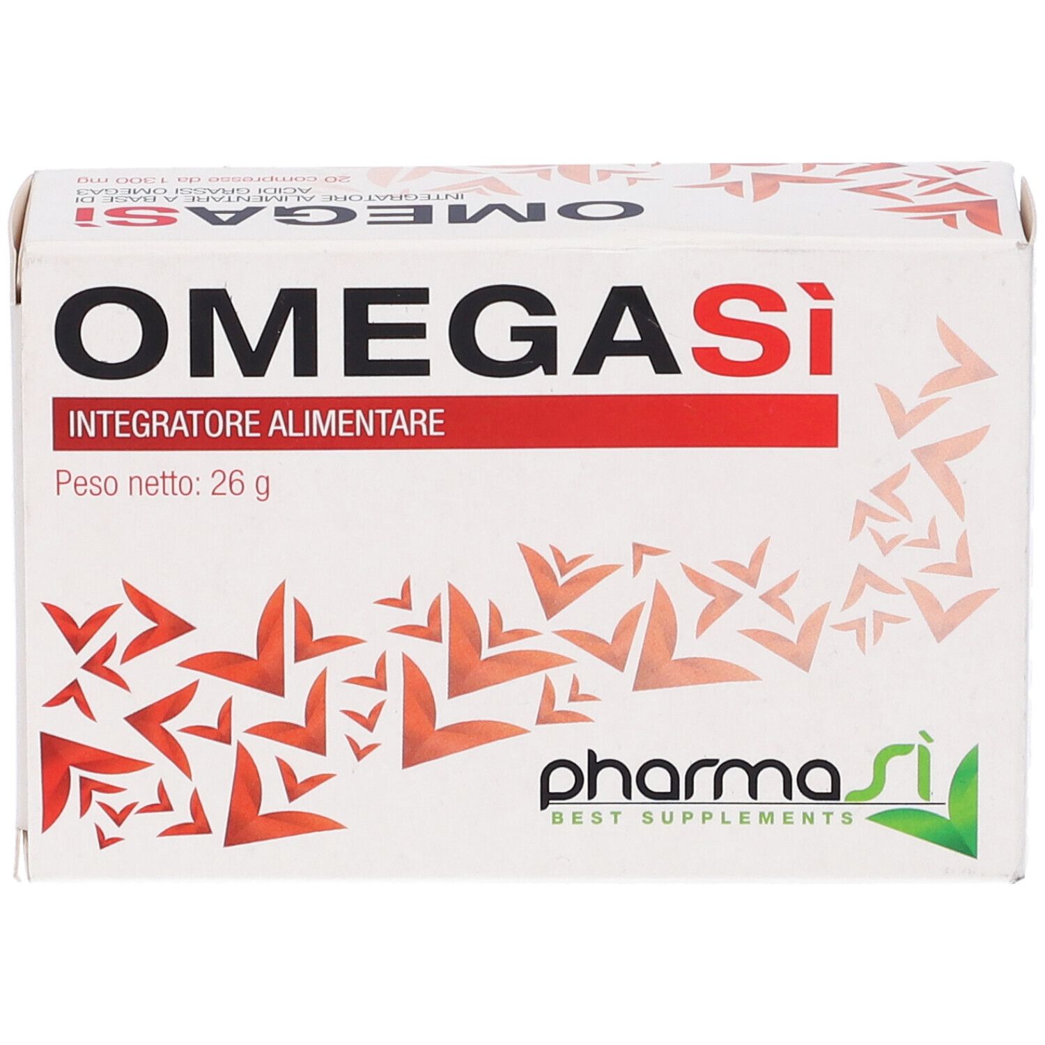 Scatola bianca con fascia rossa e scritta OMEGASi. Scritta: Integratore Alimentare. Logo: Pharma Si.