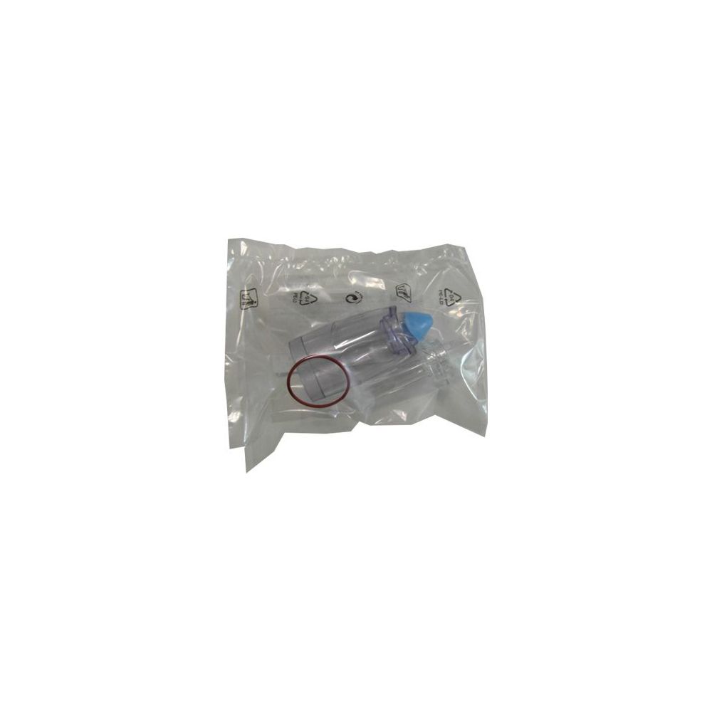 Kit di ricambio in confezione di plastica. Include parti trasparenti, un anello rosso e un accessorio blu.