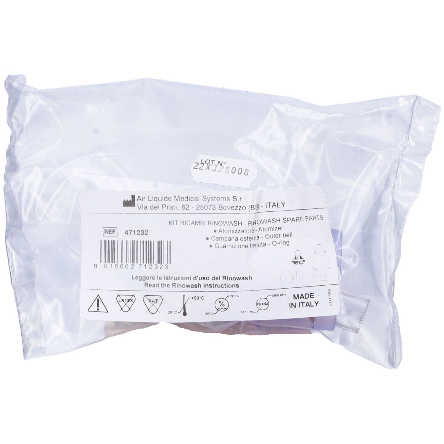 Kit di ricambio in confezione di plastica con etichetta. Include parti trasparenti, un anello rosso e un accessorio blu.