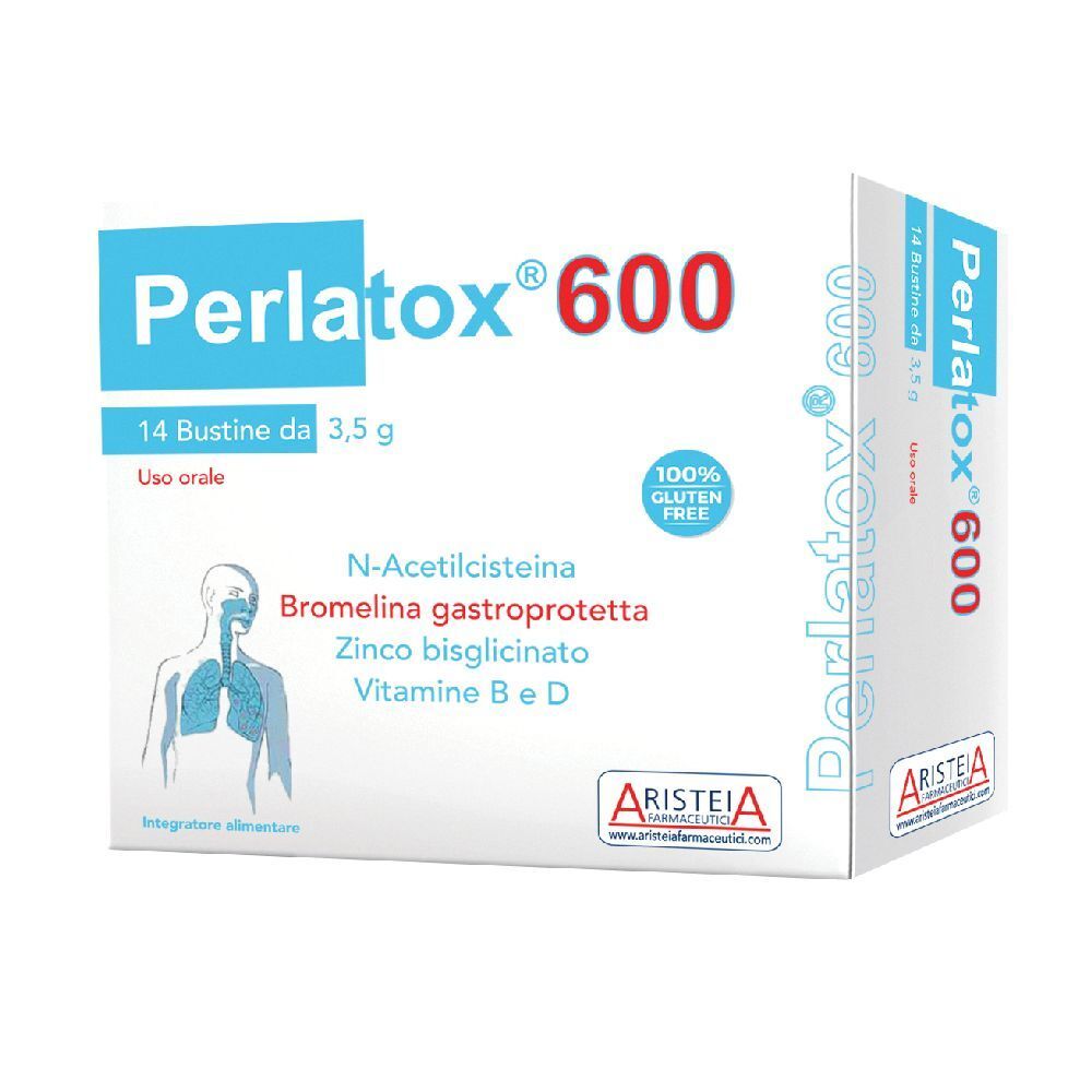 Confezione di Perlatox 600, 14 bustine. Contiene N-Acetilcisteina, bromelina, zinco e vitamine. Senza glutine.