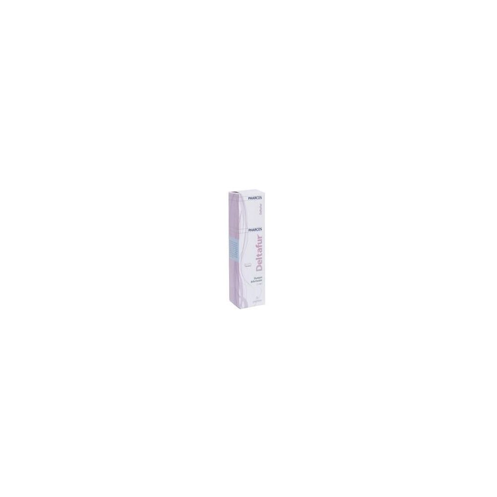 Scatola di shampoo Pharcos Deltafur. Bianco, viola e azzurro. Nome del prodotto e marchio visibili.