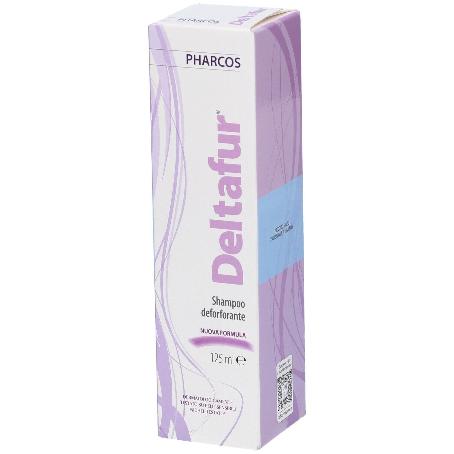 Confezione shampoo Pharcos Deltafur. Bianco, viola e azzurro. Nome e marchio visibili.