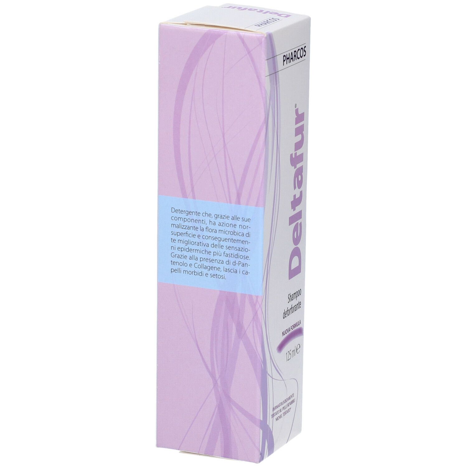 Retro confezione shampoo Pharcos Deltafur. Testo in italiano. Viola e azzurro.