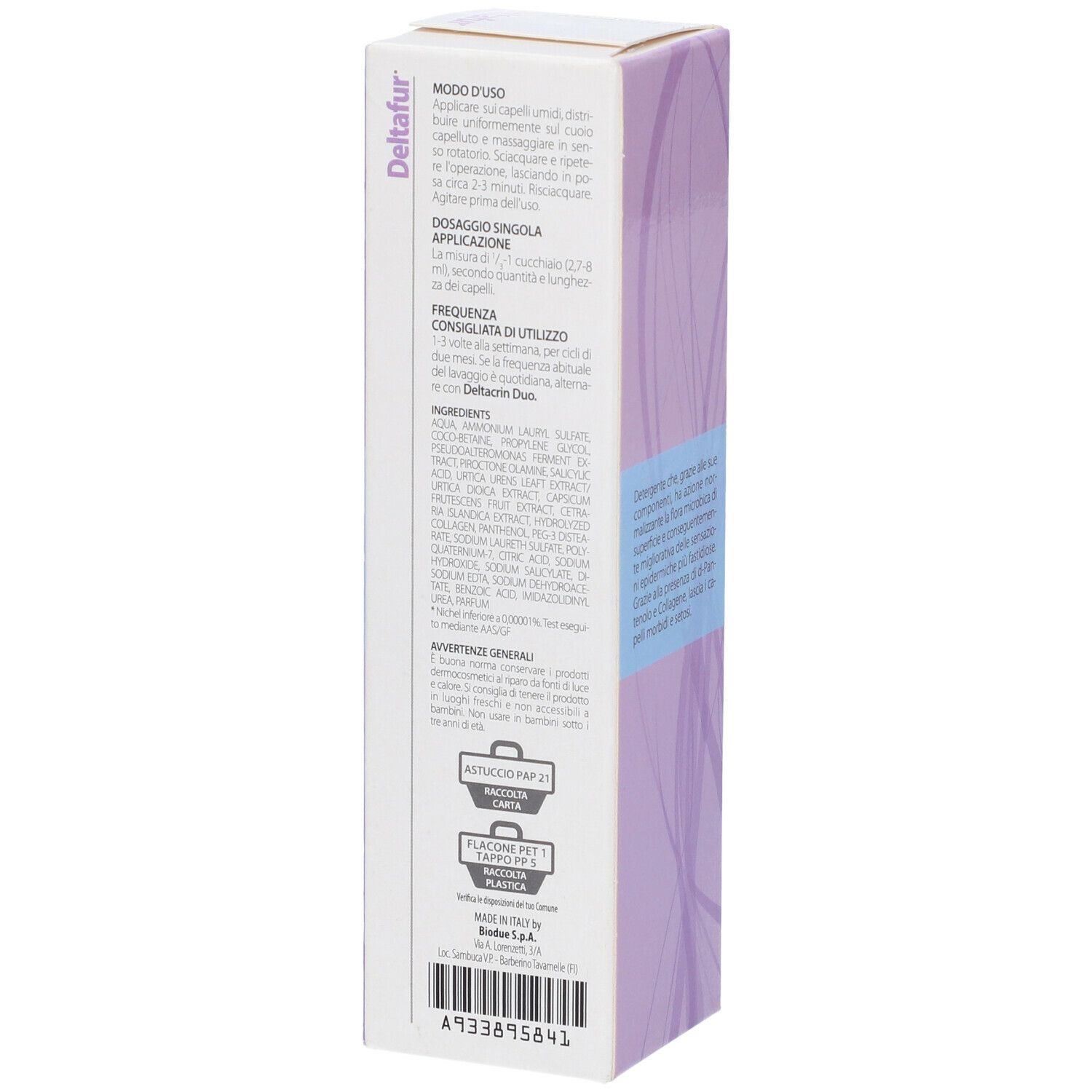 Retro confezione shampoo Pharcos Deltafur. Testo in italiano. Viola e azzurro.