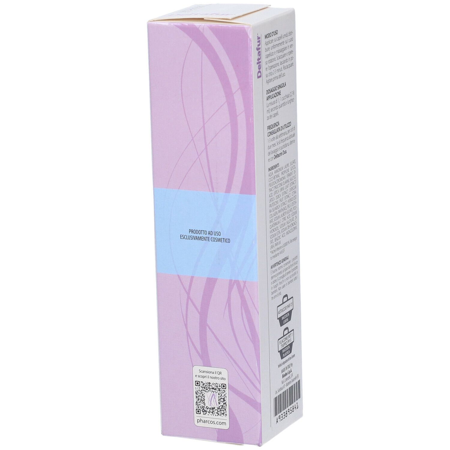 Retro confezione shampoo Pharcos Deltafur. Testo in italiano. Viola e azzurro.