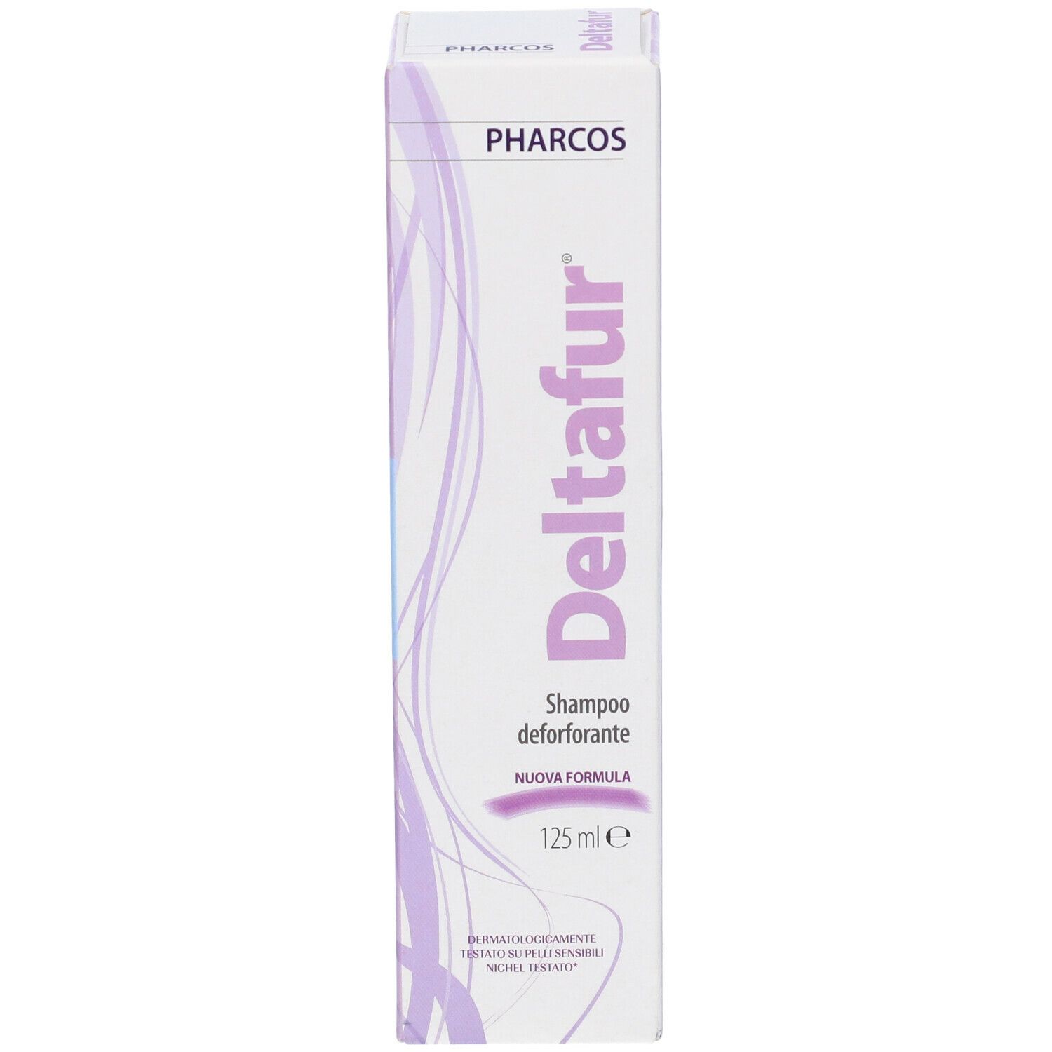 Confezione shampoo Pharcos Deltafur. Nome e marchio visibili. 125 ml.