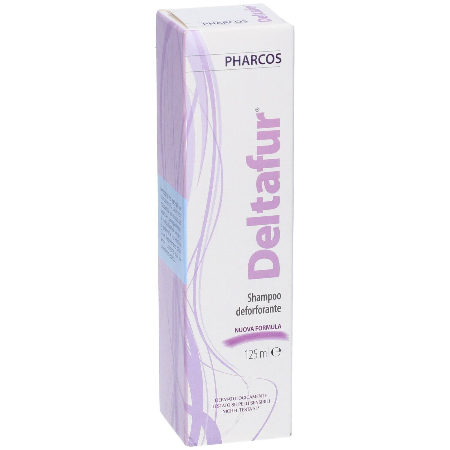 Confezione shampoo Pharcos Deltafur. Nome e marchio visibili. 125 ml.