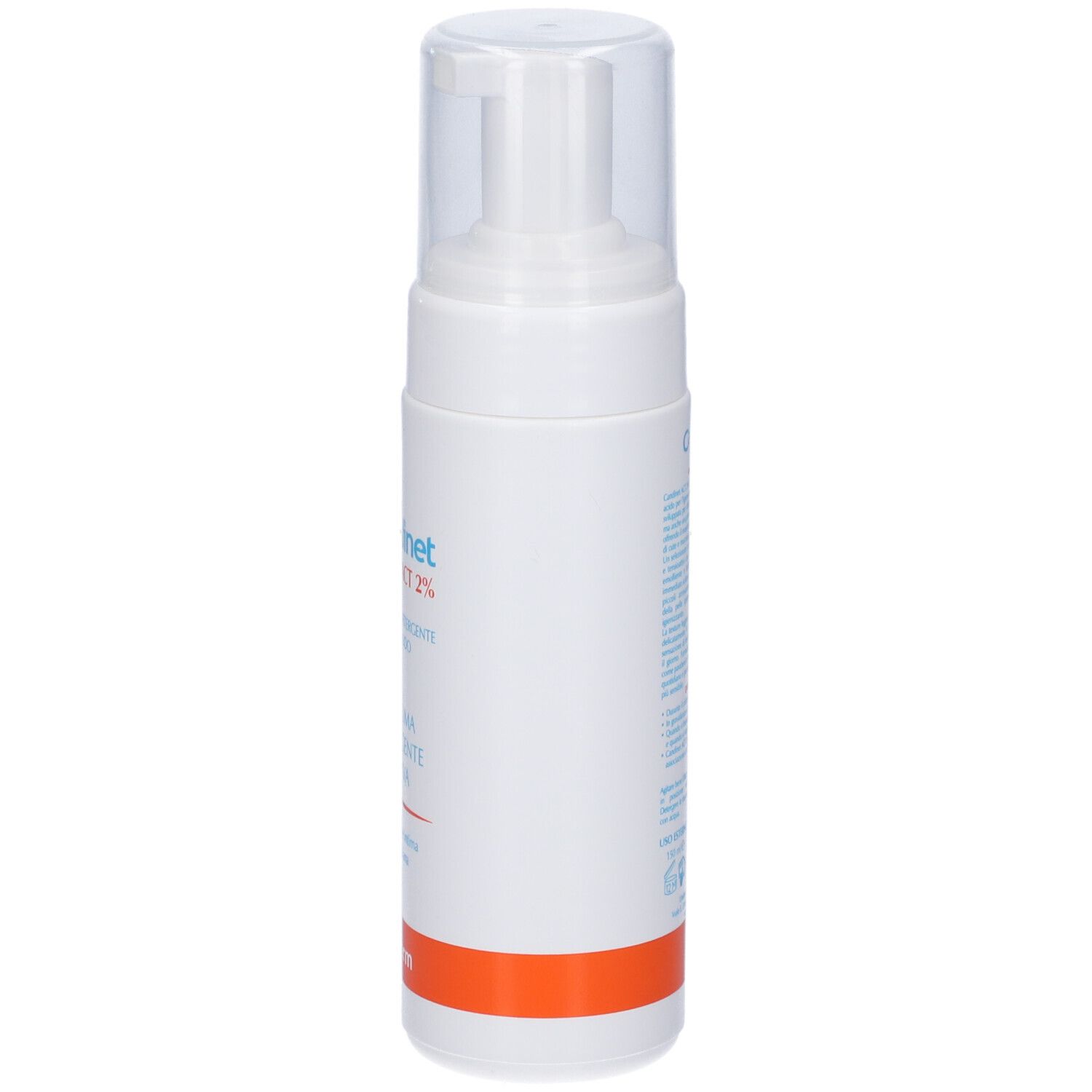 Weiße Flasche mit Sprühkopf. Aufschrift nicht sichtbar. Orangefarbener Streifen unten. Seite mit Text.