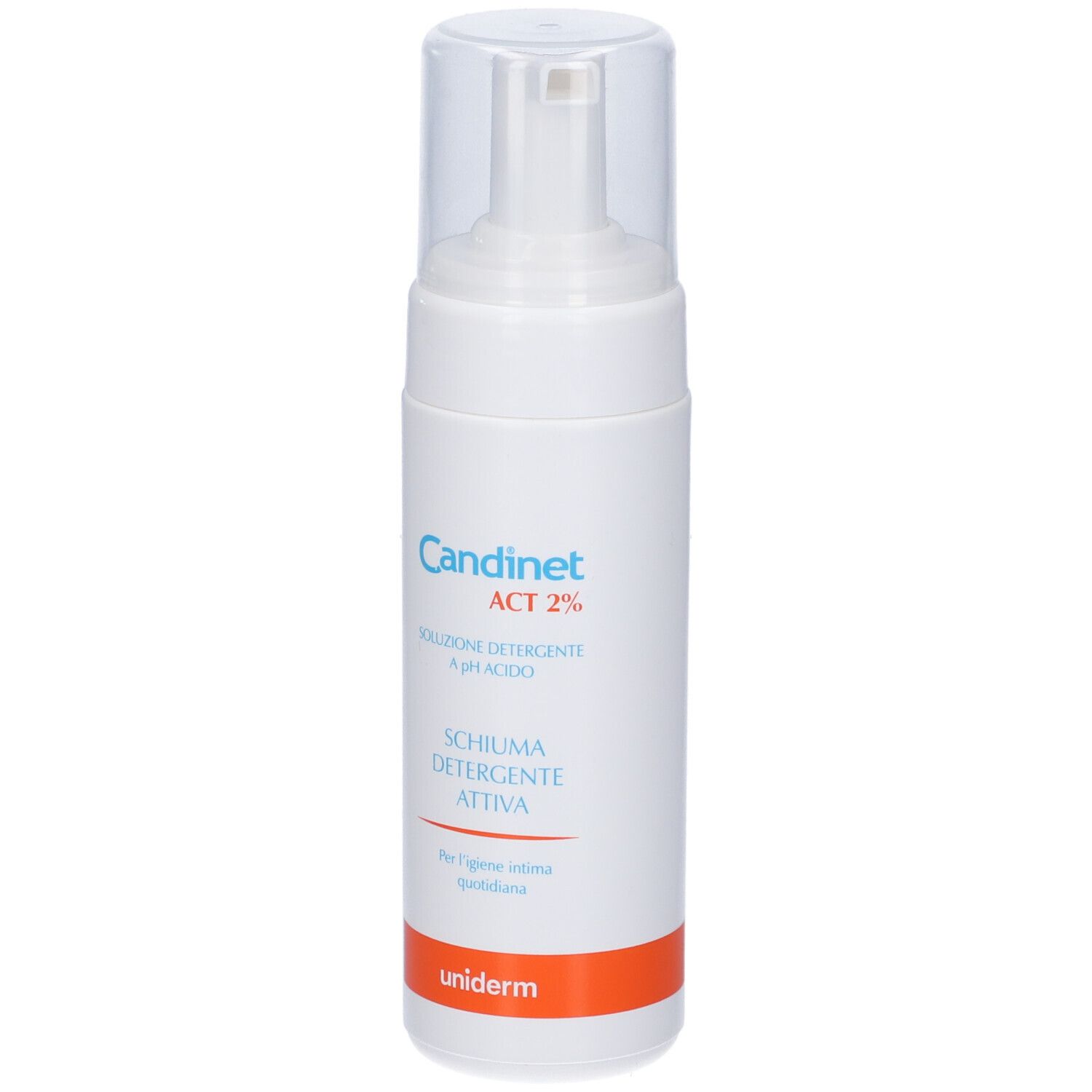 Weiße Flasche mit Sprühkopf. Aufschrift: Candinet ACT 2%. Schiuma Detergente Attiva. Orangefarbener Streifen unten. Marke: uniderm.