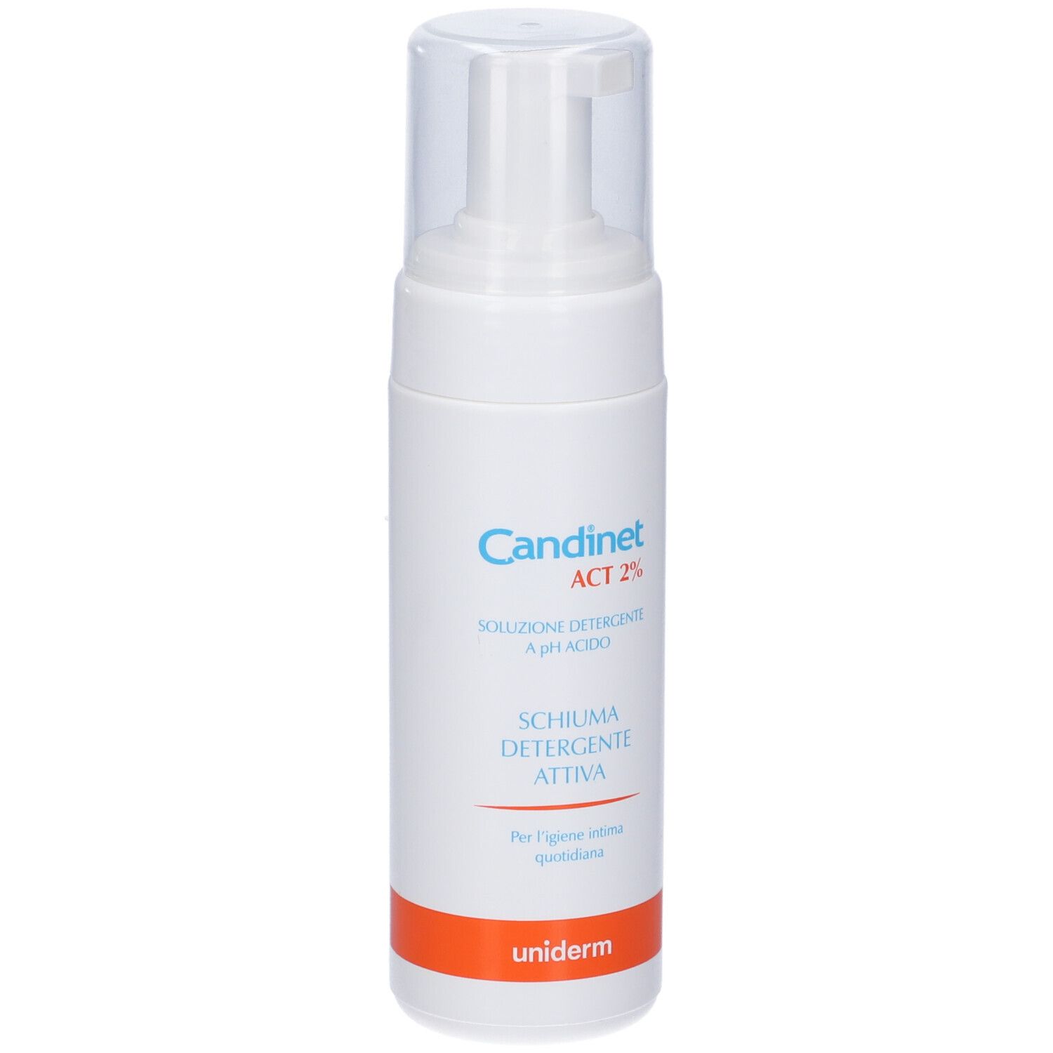 Weiße Flasche mit Sprühkopf. Aufschrift: Candinet ACT 2%. Schiuma Detergente Attiva. Orangefarbener Streifen unten. Marke: uniderm.