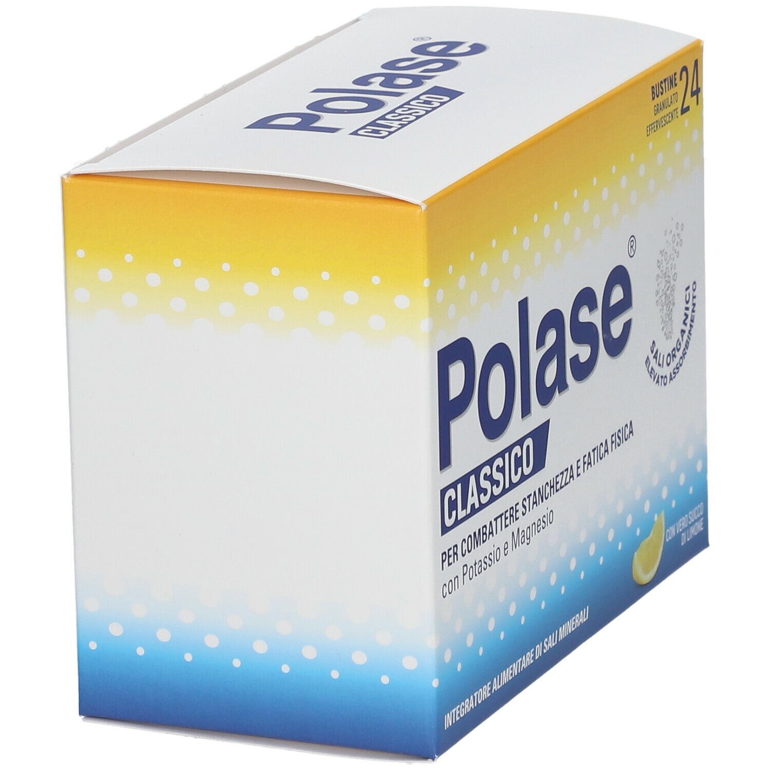 Confezione Polase Classico inclinata. Con testo e informazioni sul prodotto.