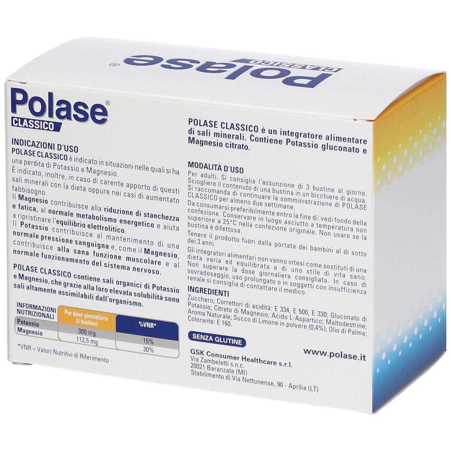 Retro della confezione Polase Classico. Con informazioni e ingredienti.