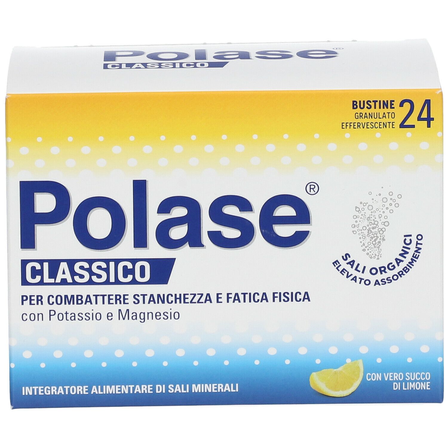 Confezione di Polase Classico. Contiene 24 bustine. Gusto limone. Per stanchezza fisica.