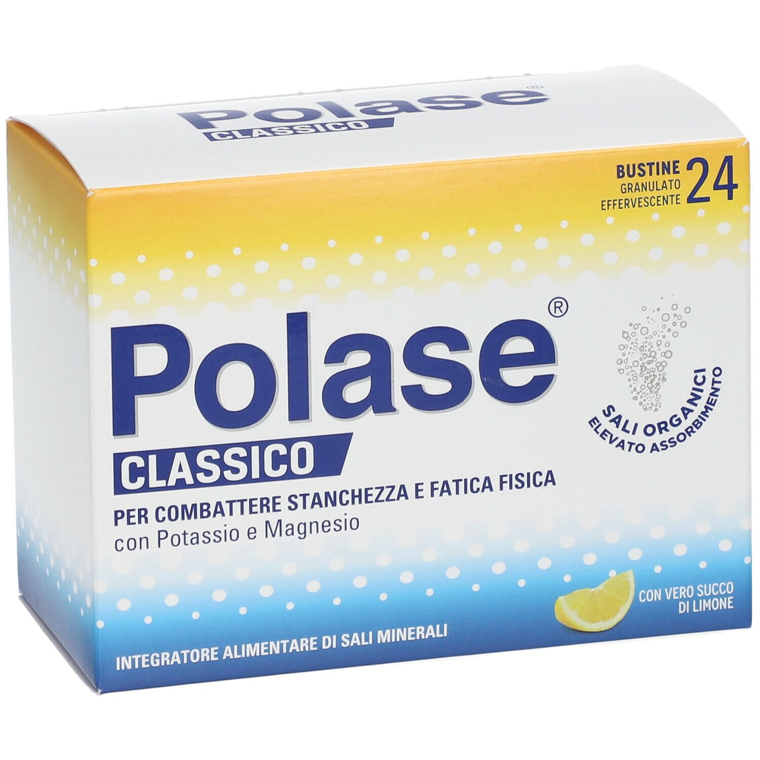 Confezione di Polase Classico. Contiene 24 bustine. Gusto limone. Per stanchezza fisica.