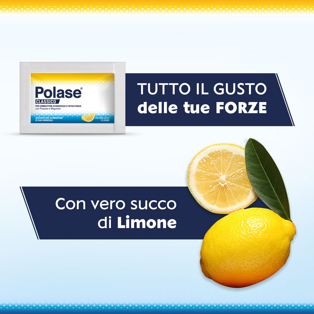 Bustina Polase e limone. Testo: Tutto il gusto delle tue FORZE. Con vero succo di limone.