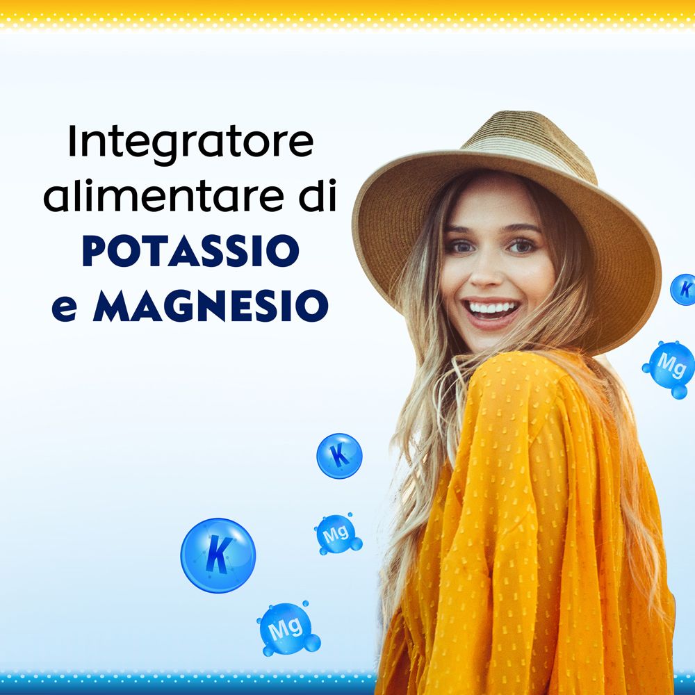 Donna con cappello. Testo: Integratore alimentare di POTASSIO e MAGNESIO. Simboli K e Mg.