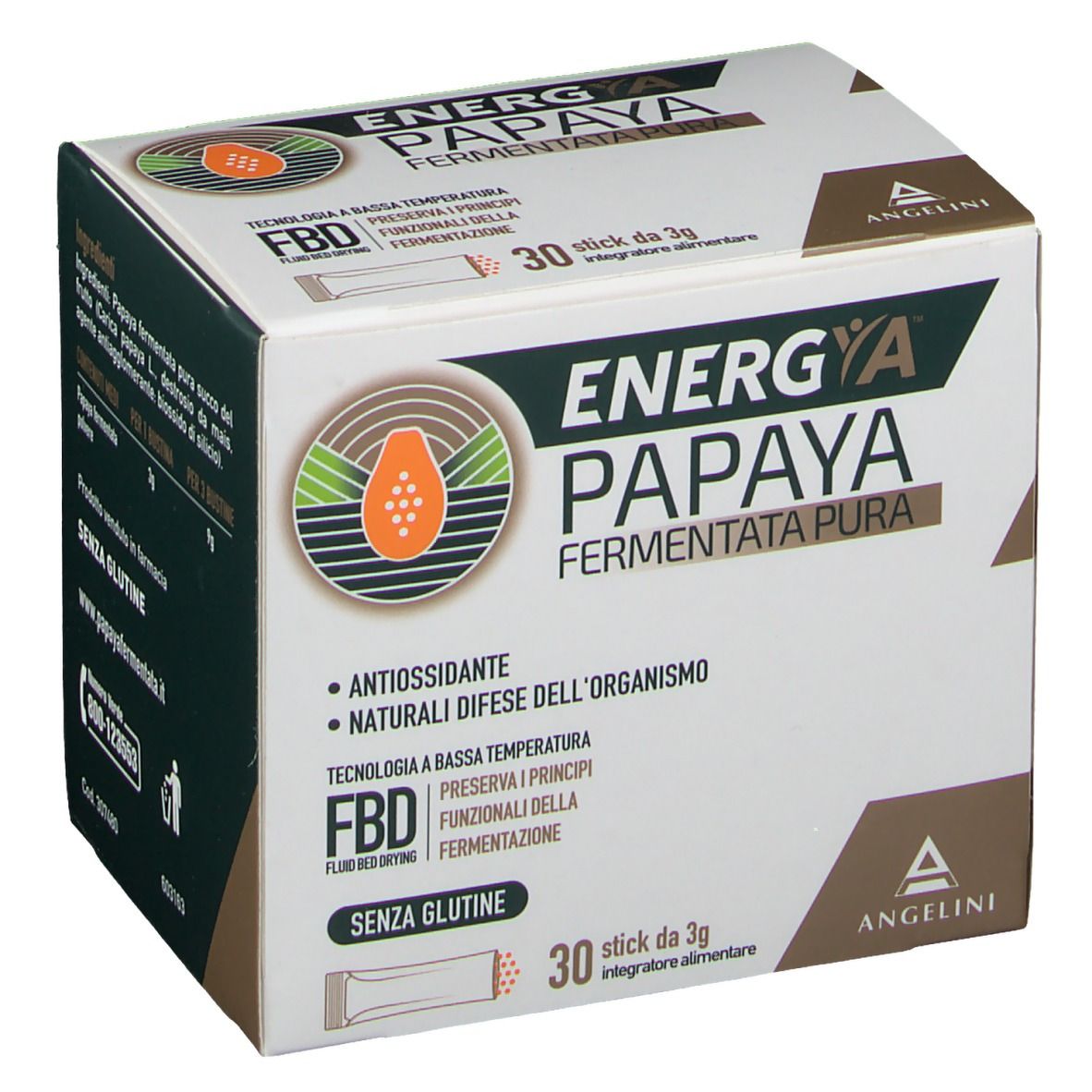 Karton mit "Energia Papaya Fermentata Pura". Enthält 30 Sticks à 3g. Marke: Angelini. Mit Antioxidantien und natürlichen Abwehrkräften.