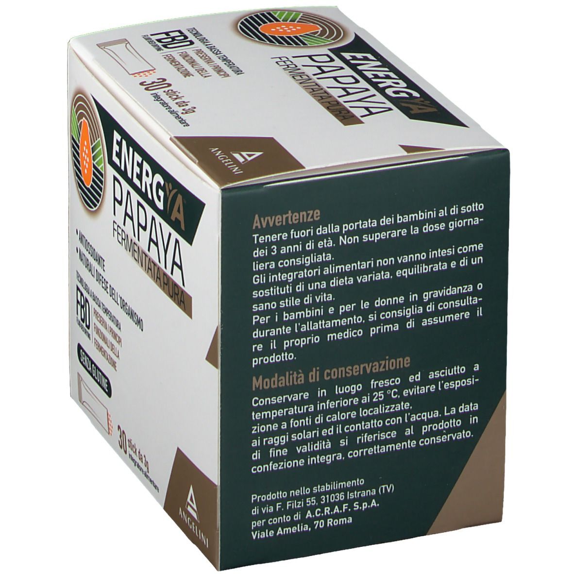 Karton "Energia Papaya Fermentata Pura". Enthält 30 Sticks. Warnhinweise und Gebrauchsanweisung auf Italienisch. Marke Angelini.
