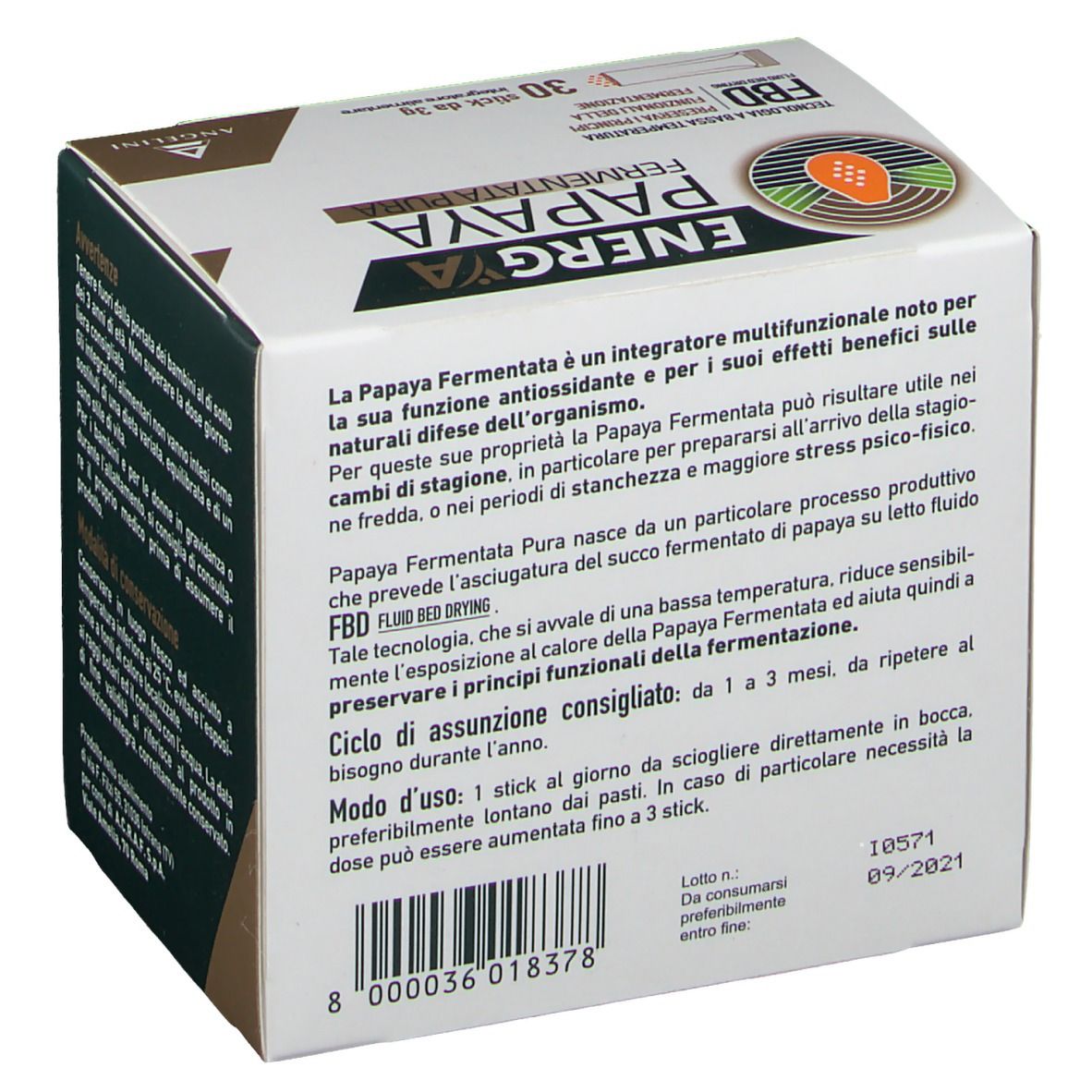 Karton "Energia Papaya Fermentata Pura". Enthält 30 Sticks. Gebrauchsanweisung auf Italienisch. Marke Angelini. Losnummer und Verfallsdatum.