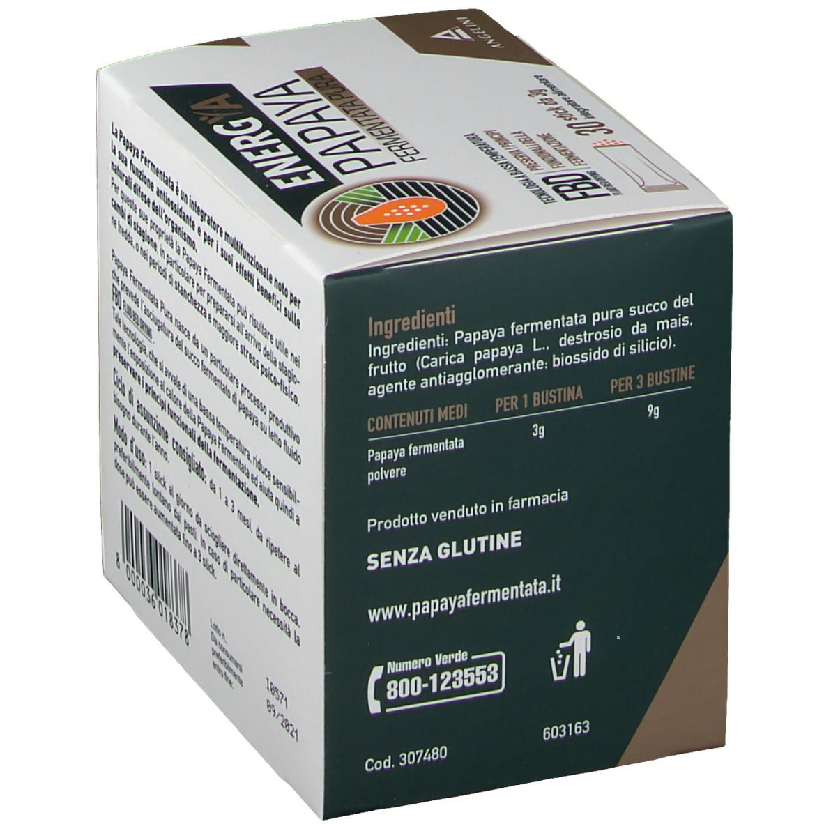 Karton "Energia Papaya Fermentata Pura". Enthält 30 Sticks. Zutatenliste und Nährwertangaben. Marke Angelini. Glutenfrei.