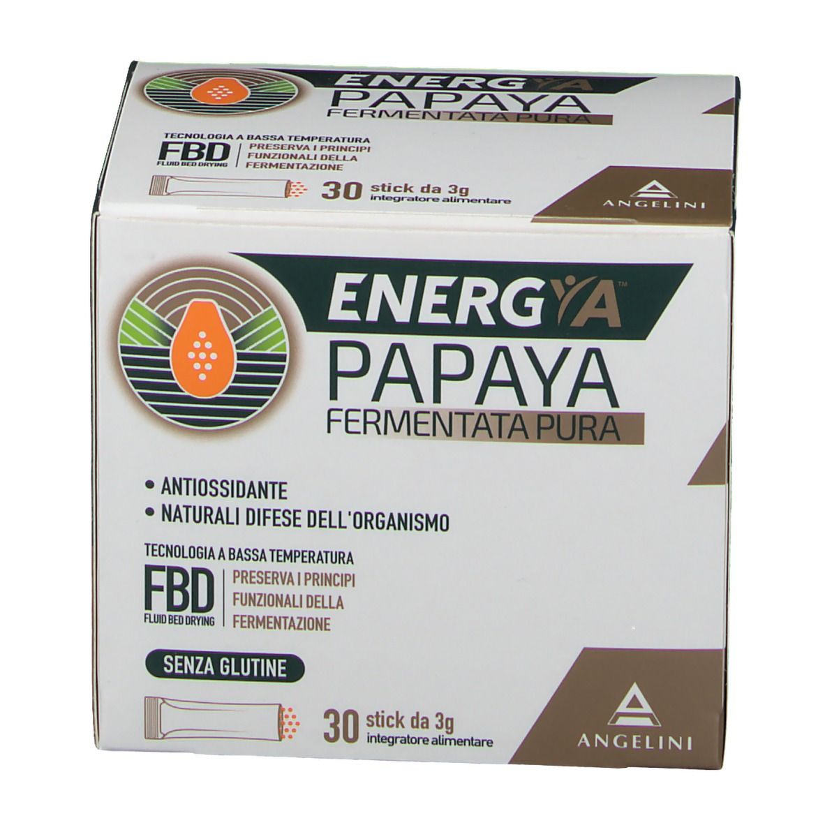 Karton "Energia Papaya Fermentata Pura". Enthält 30 Sticks à 3g. Marke Angelini. Mit Antioxidantien und natürlichen Abwehrkräften.