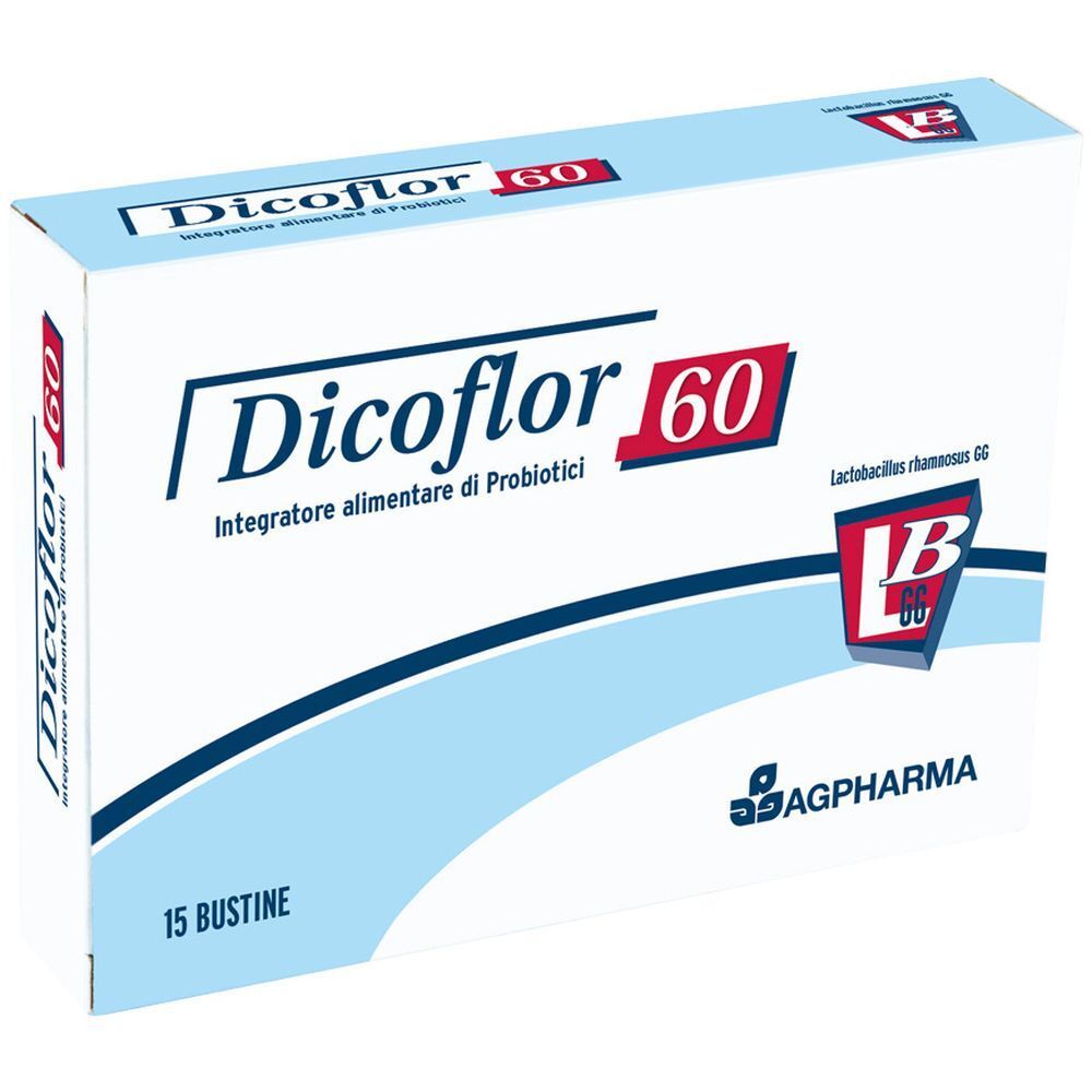 Confezione di Dicoflor 60. Scatola bianca e blu con nome e logo del prodotto. Contiene 15 bustine.