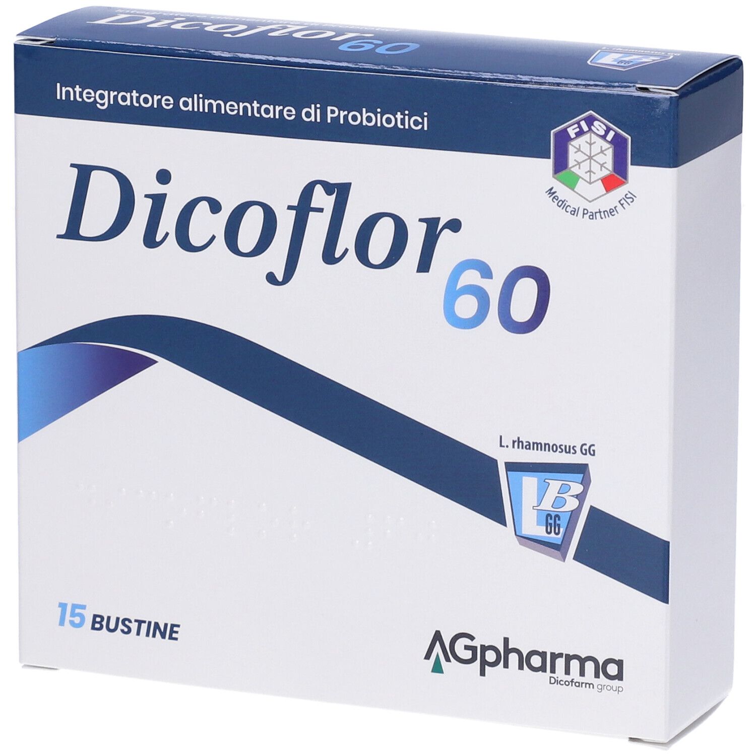 Confezione di Dicoflor 60. Scatola bianca e blu con nome e logo del prodotto. Contiene 15 bustine. Logo Fisi.