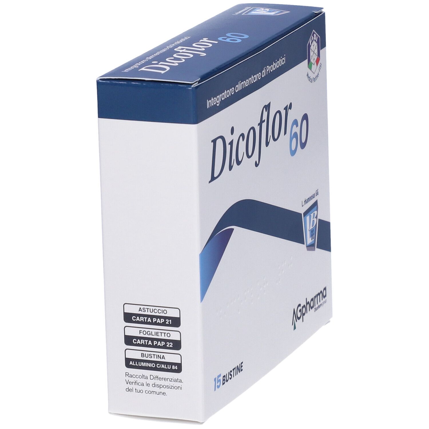 Confezione di Dicoflor 60. Scatola bianca e blu con nome e logo del prodotto. Contiene 15 bustine. Istruzioni per il riciclo.