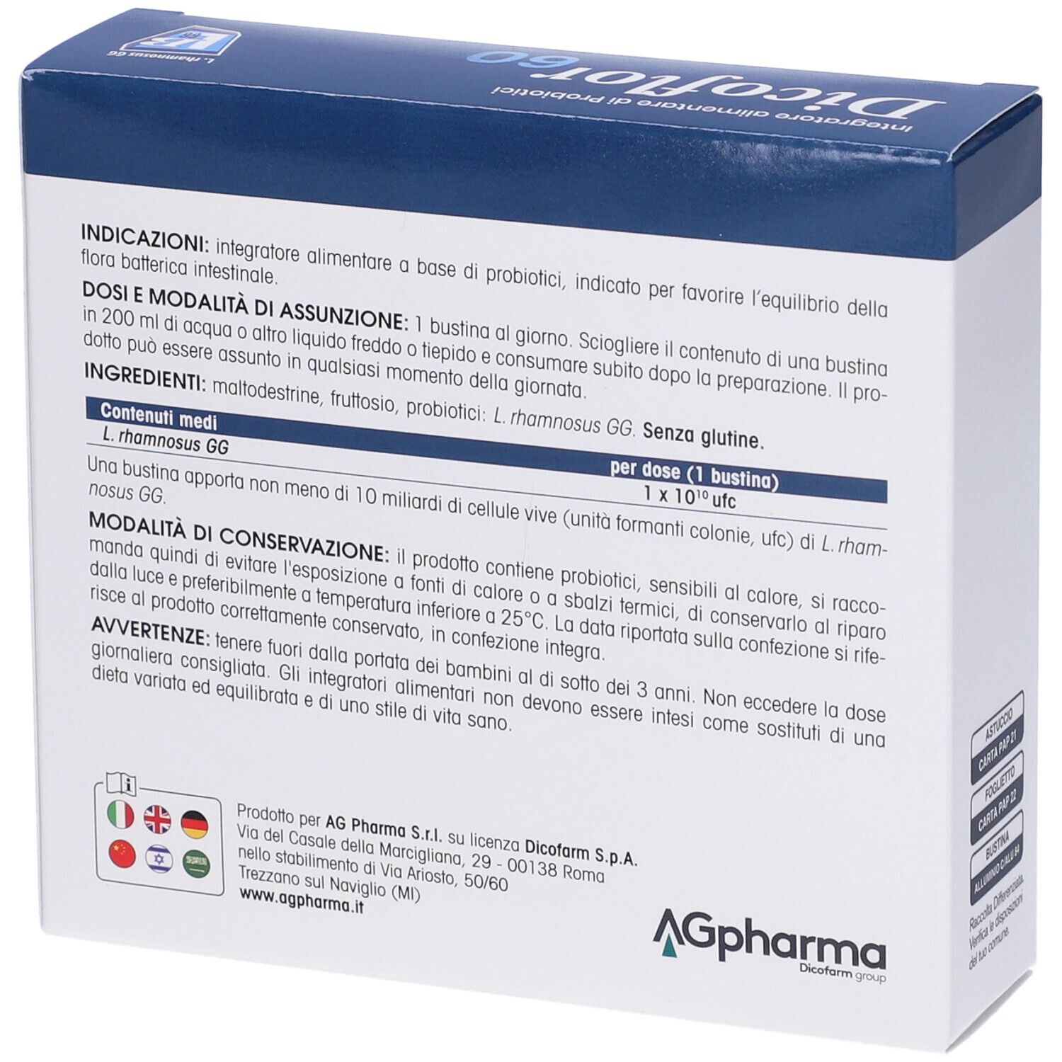 Retro della confezione di Dicoflor 60. Contiene informazioni su ingredienti, dosaggio e avvertenze. Logo AG Pharma.
