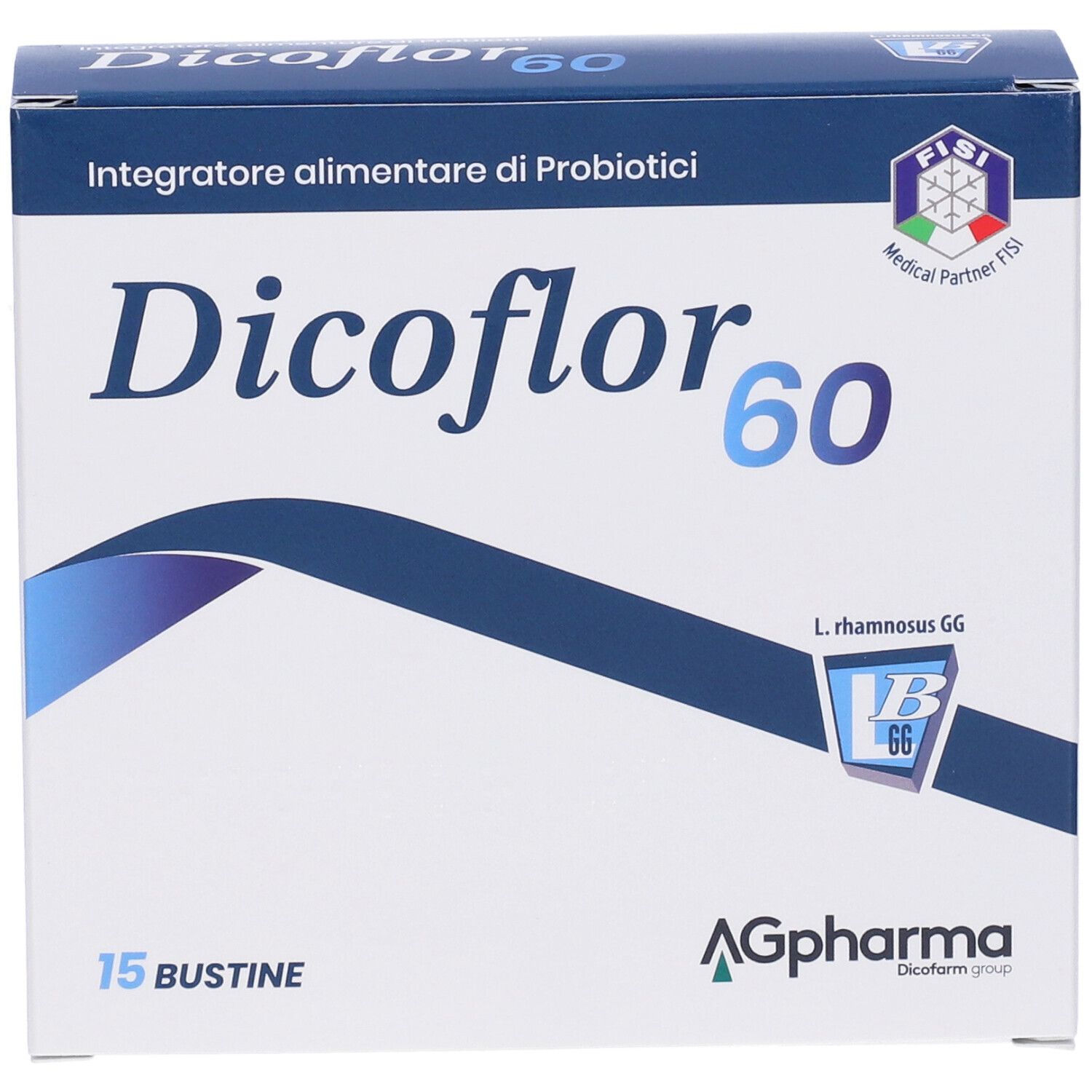 Confezione di Dicoflor 60. Scatola bianca e blu con nome e logo del prodotto. Contiene 15 bustine. Logo Fisi.