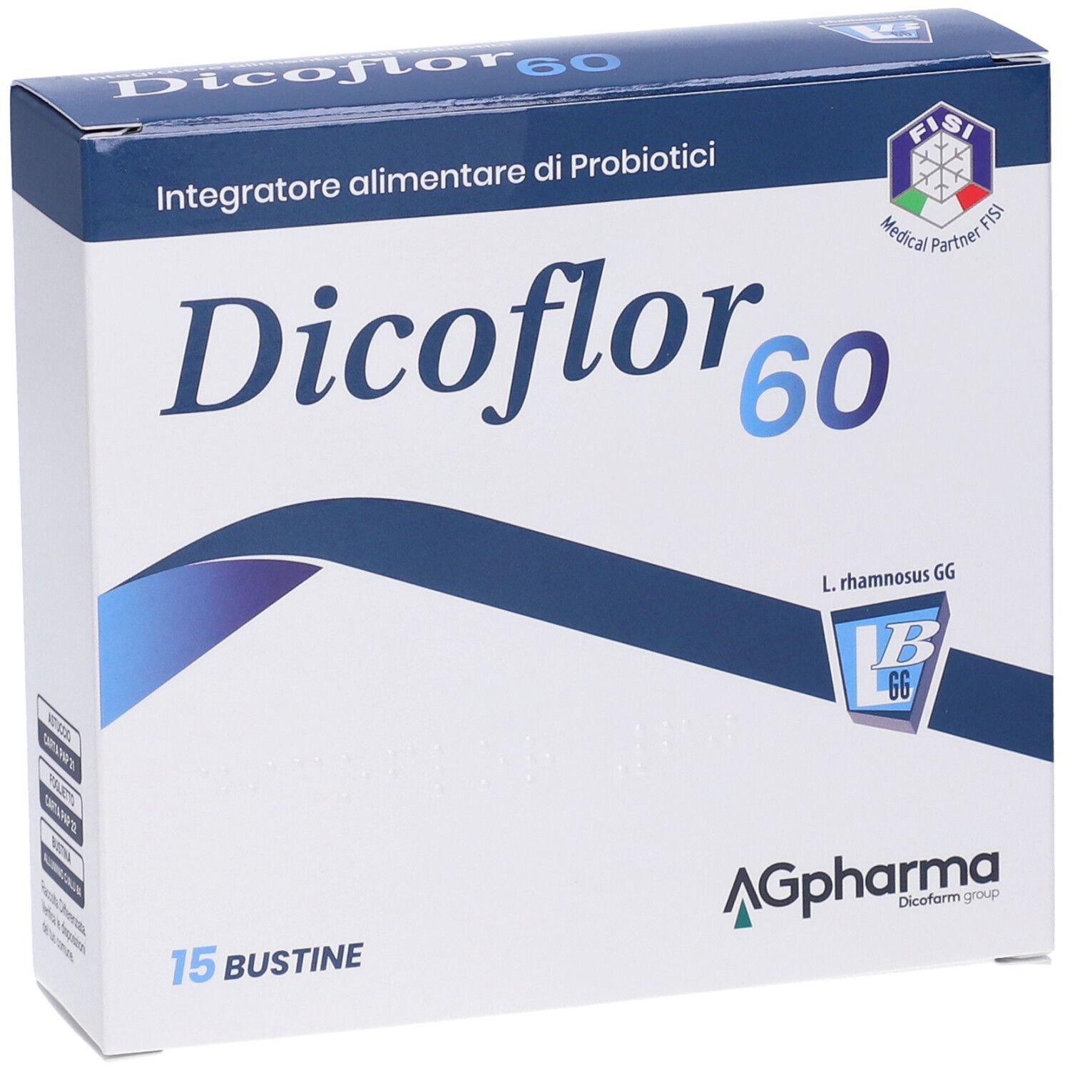 Confezione di Dicoflor 60. Scatola bianca e blu con nome e logo del prodotto. Contiene 15 bustine. Logo Fisi.