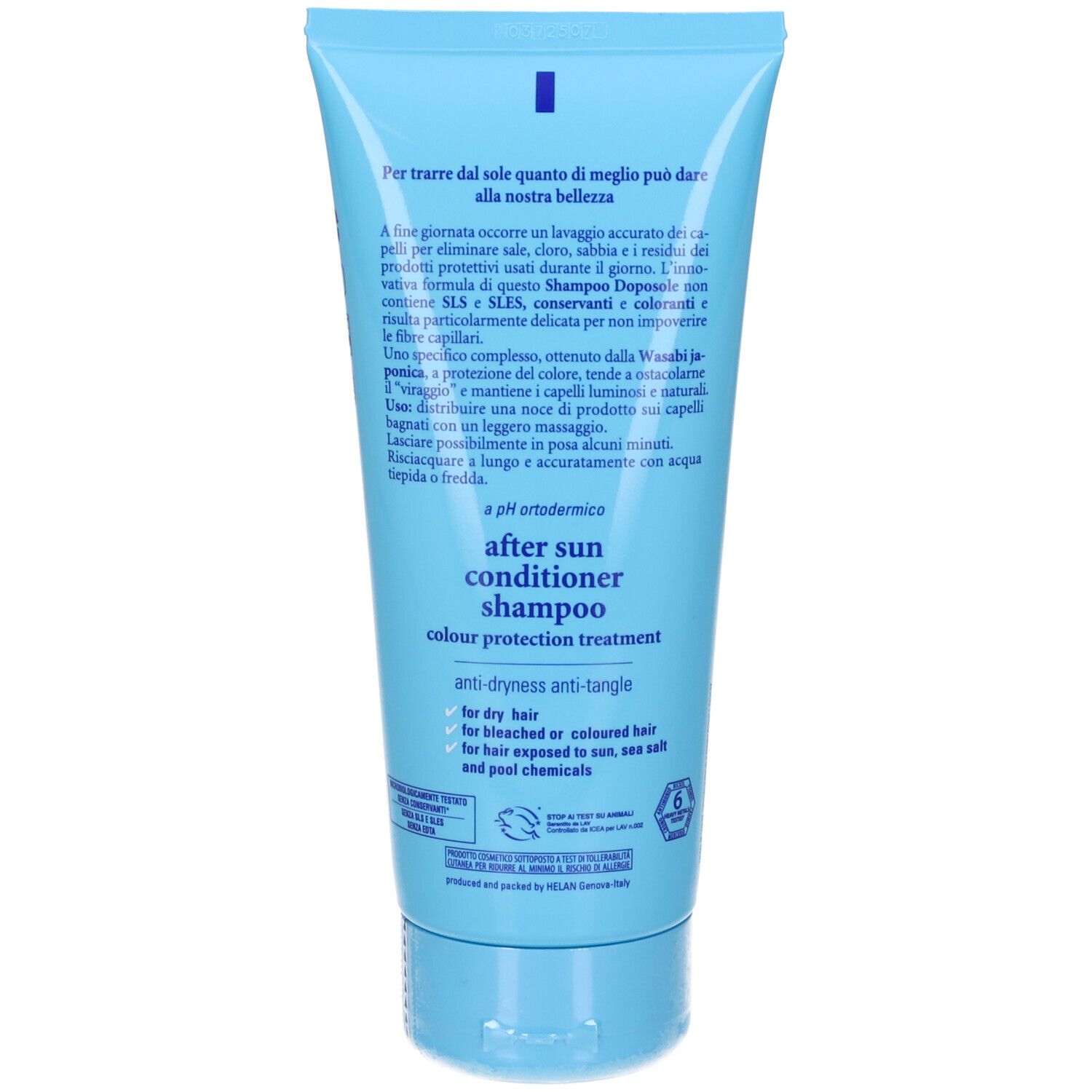 Hellblaue Tube mit After Sun Conditioner Shampoo, Farb-Schutzbehandlung, für trockenes Haar.
