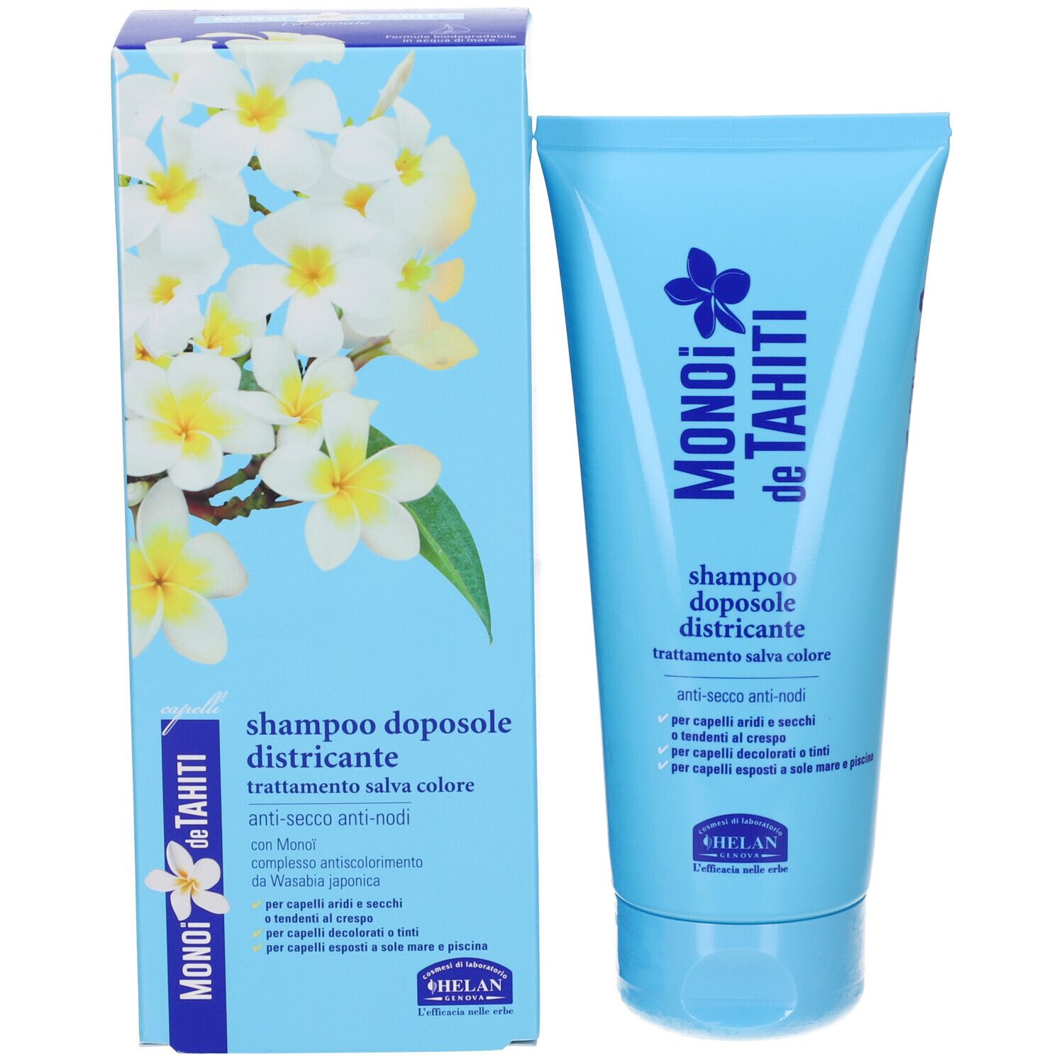 Hellblaue Tube und Karton mit Blumenmuster. Enthält Monoi de Tahiti Shampoo.