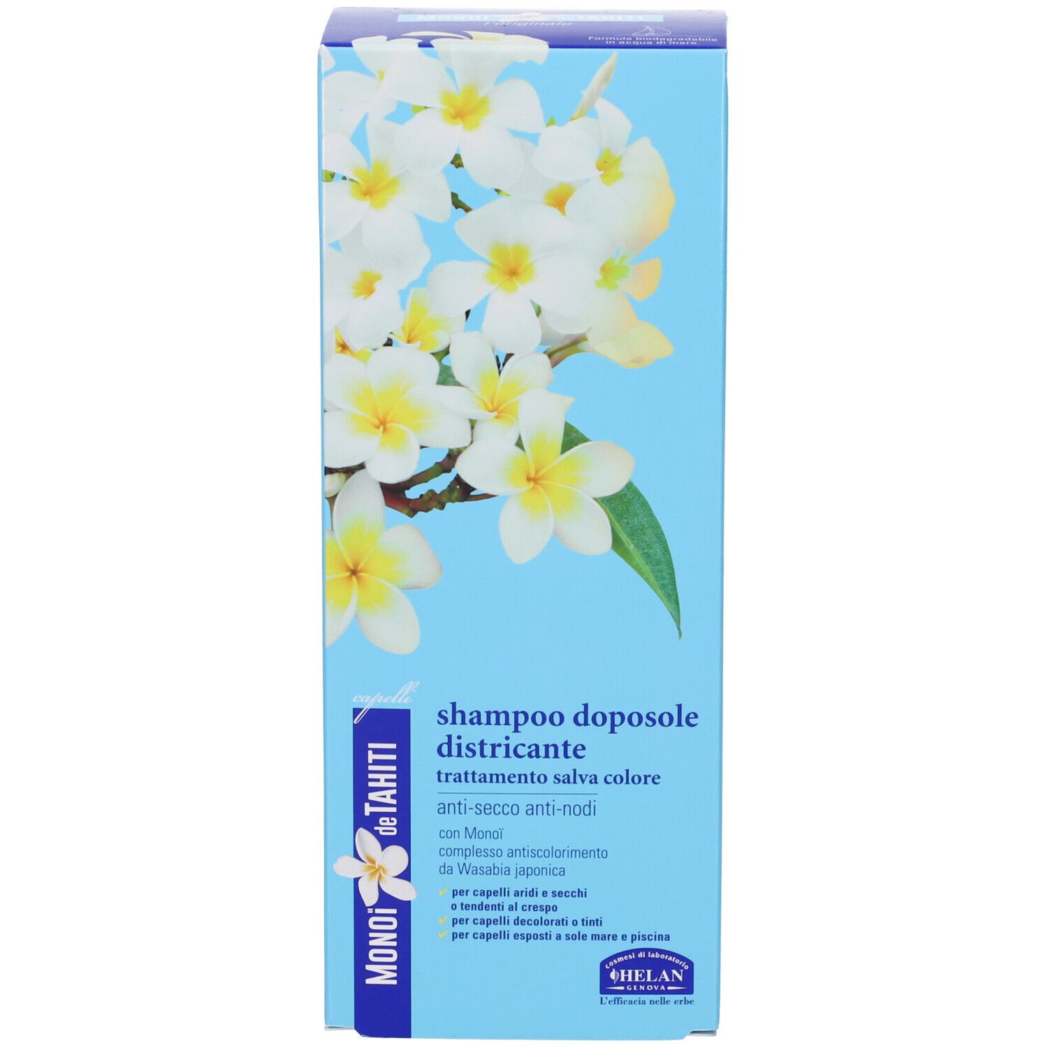 Verpackung für ein Haarpflegeprodukt mit weißen Blüten und blauem Hintergrund.