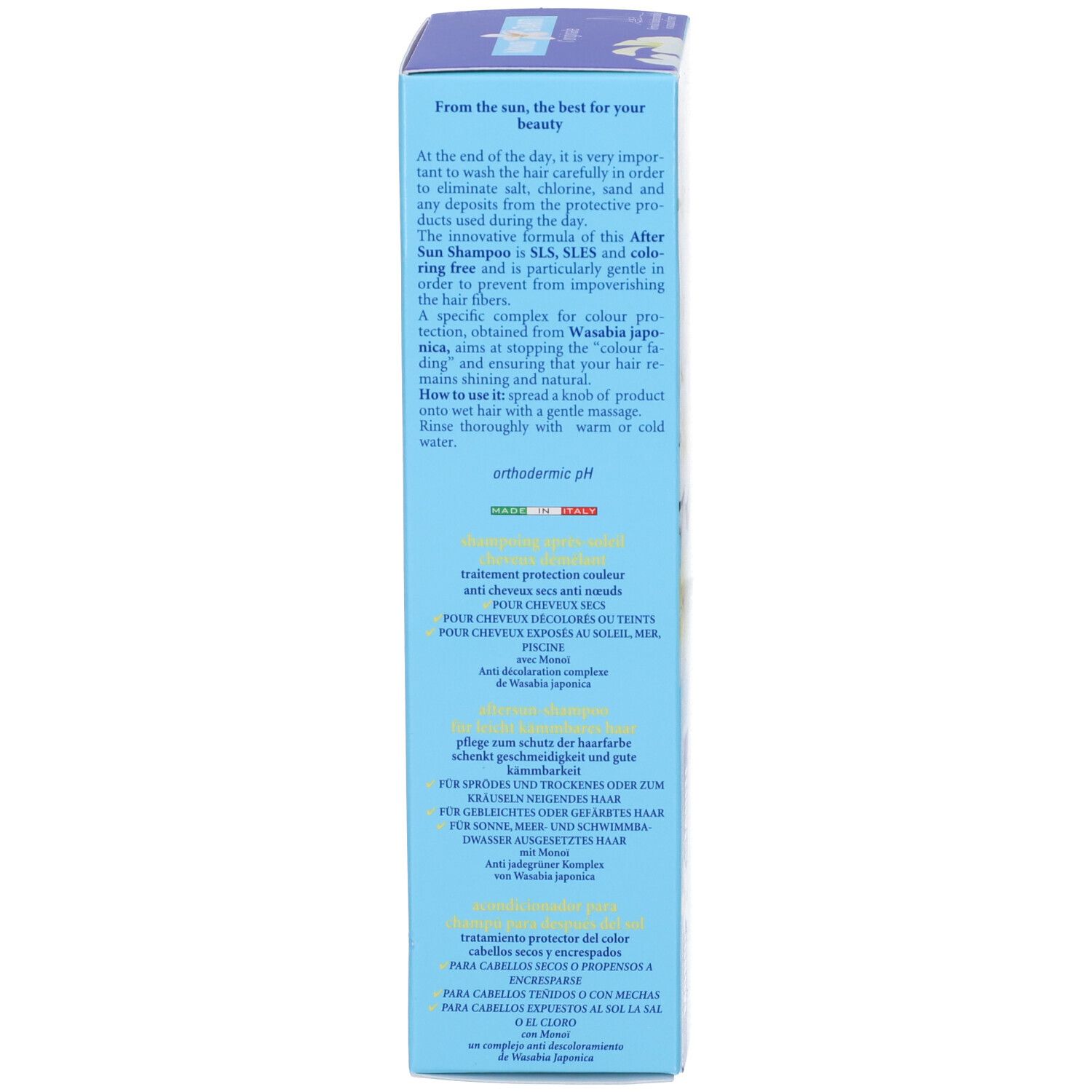 Verpackung für After Sun Shampoo mit Textangaben zu Inhaltsstoffen und Anwendung.