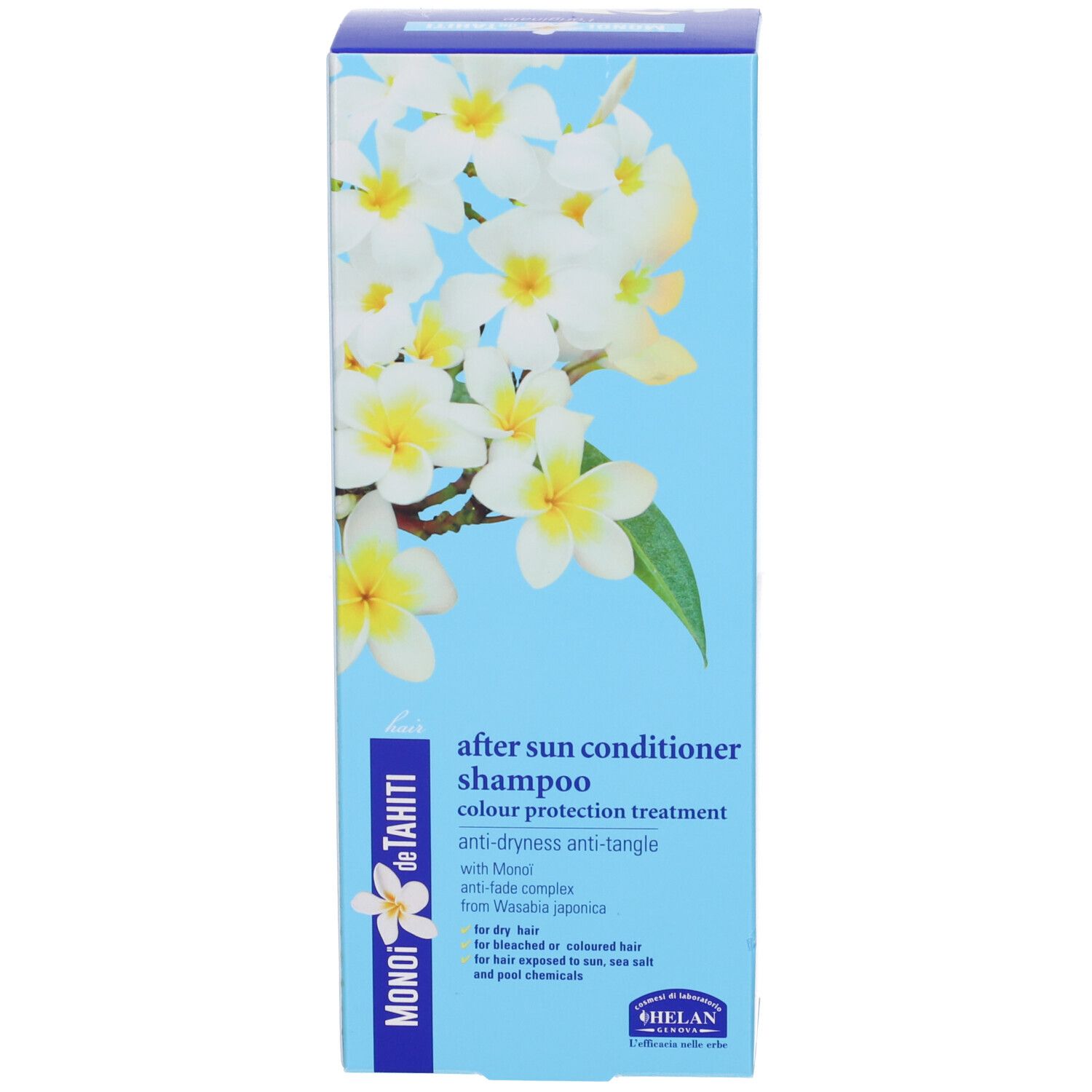 Helan After Sun Conditioner Shampoo Box mit Blumenmotiv. Für trockenes, sonnenstrapaziertes Haar.