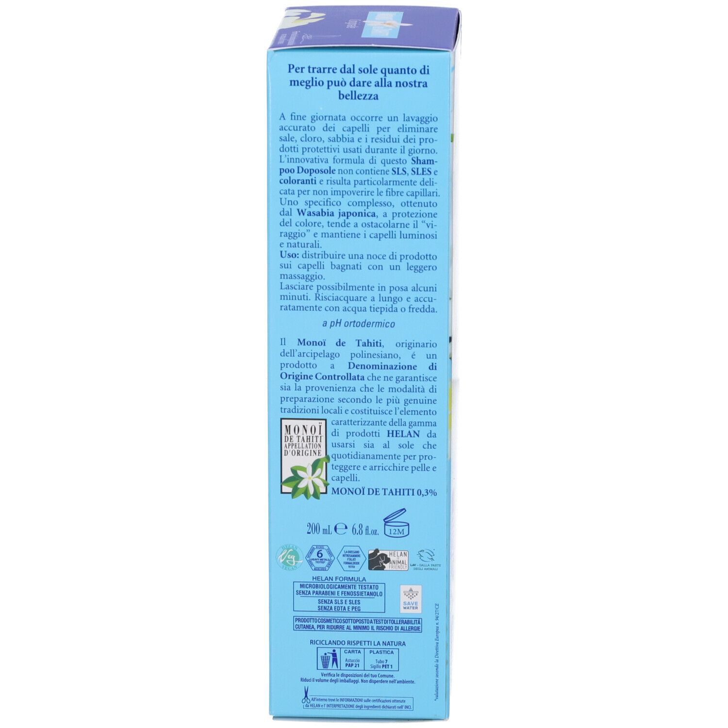 Hinteransicht einer hellblauen Produktverpackung mit Text und Symbolen.